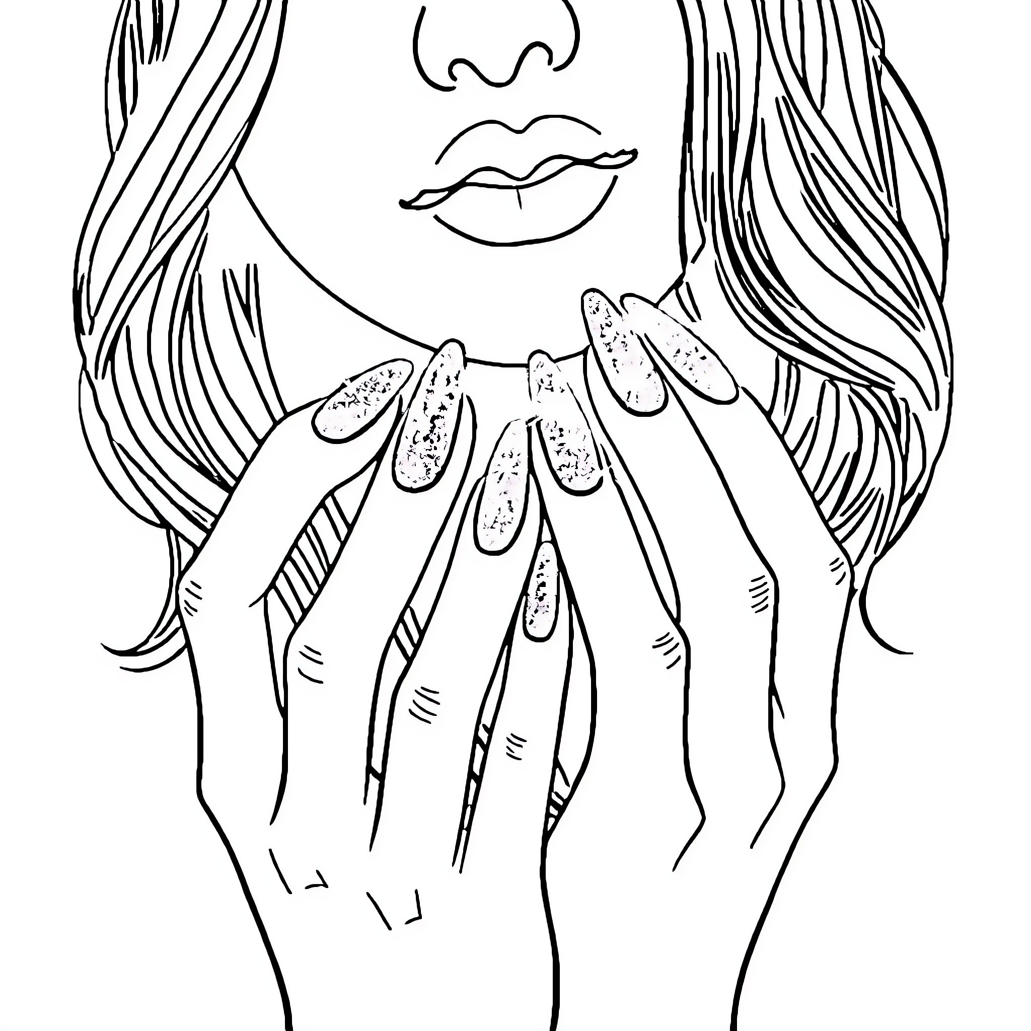 Girl with stylized facial features and painted nails Coloring Page (free black-and-white line drawing printable PDF for all, from beginners to advanced learners, including children, teens, adults, and seniors)