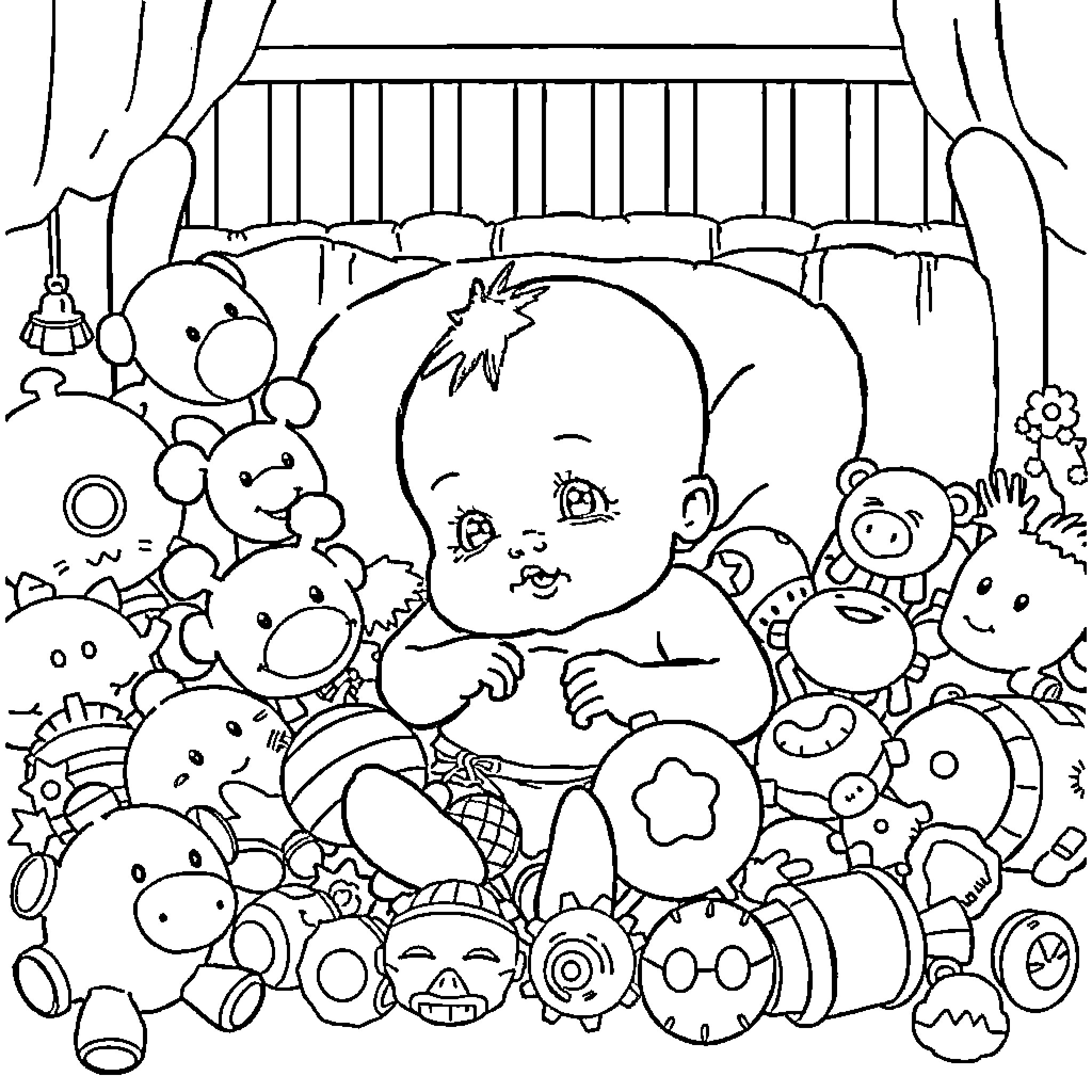 Baby surrounded by cute plush toys Coloring Page (free black-and-white line drawing printable PDF for all, from beginners to advanced learners, including children, teens, adults, and seniors)