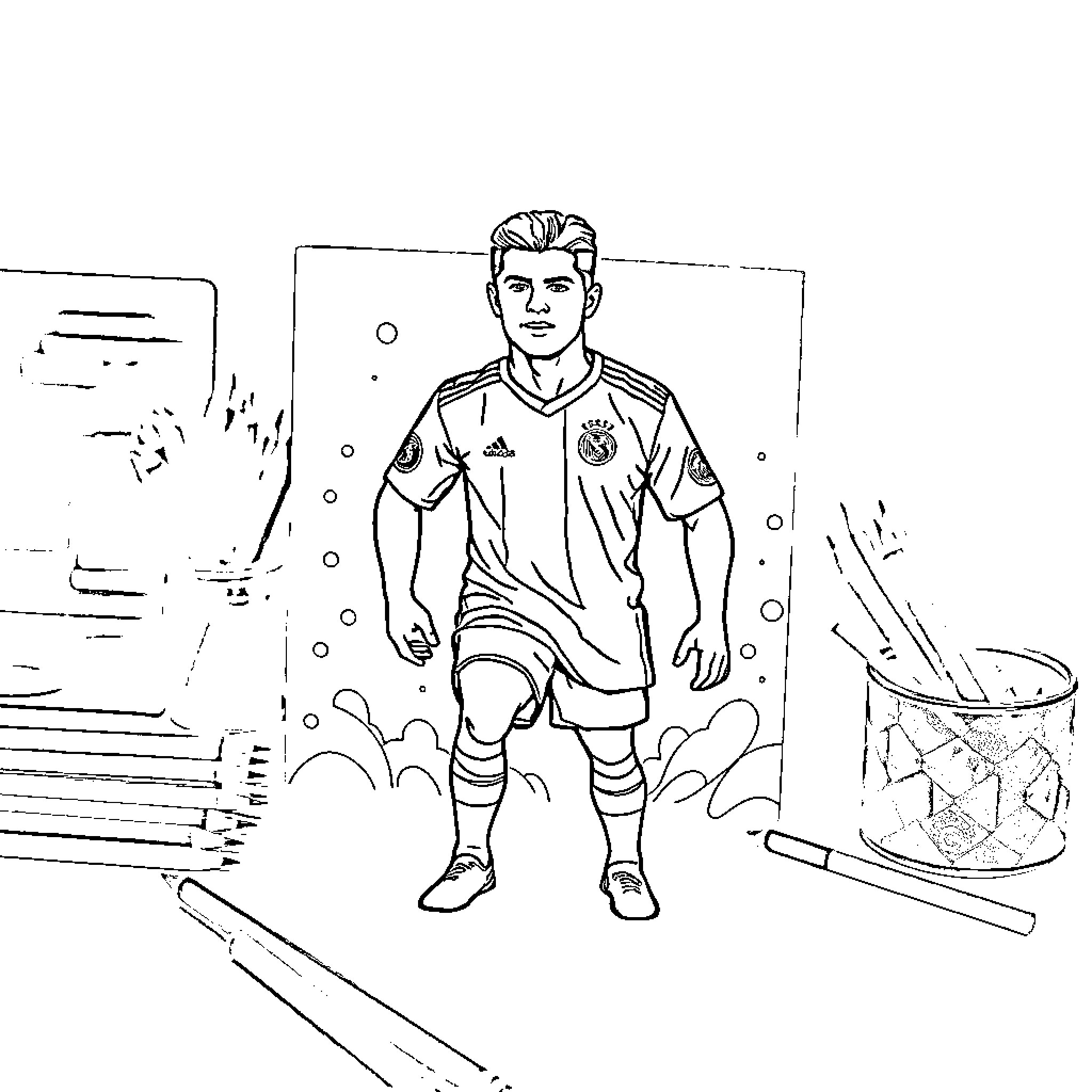 Cristiano Ronaldo in action on the field Coloring Page (free black-and-white line drawing printable PDF for all, from beginners to advanced learners, including children, teens, adults, and seniors)