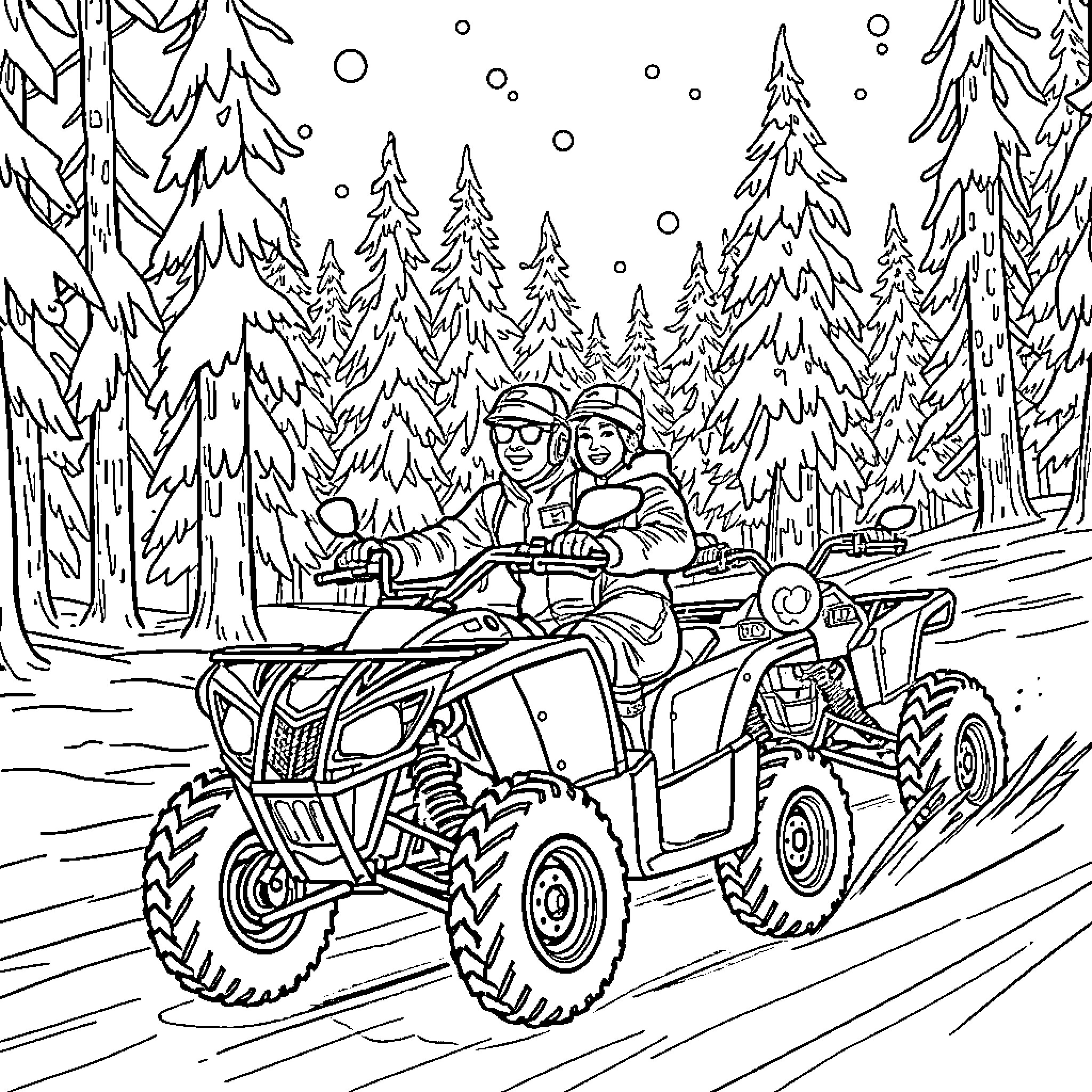 Quad Motorcycle Riders Enjoying Winter Wonderland Adventure Coloring Page (free black-and-white line drawing printable PDF for all, from beginners to advanced learners, including children, teens, adults, and seniors)