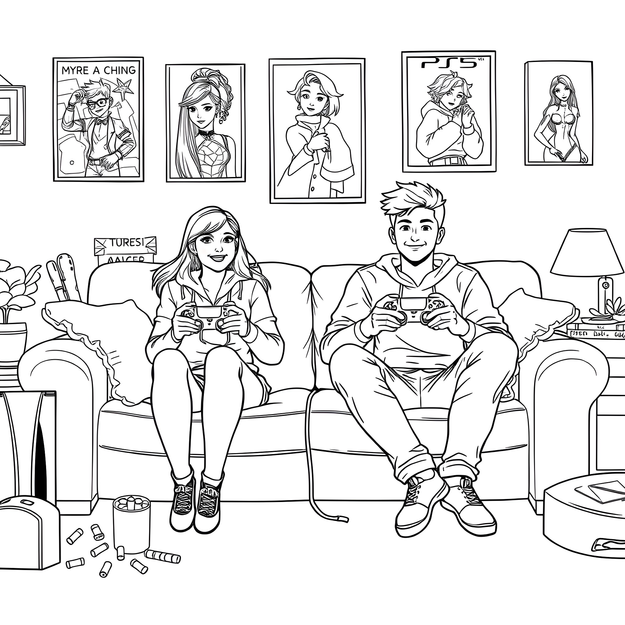 Ellie and Joel Relaxing Together Playing Video Games Coloring Page (free black-and-white line drawing printable PDF for all, from beginners to advanced learners, including children, teens, adults, and seniors)