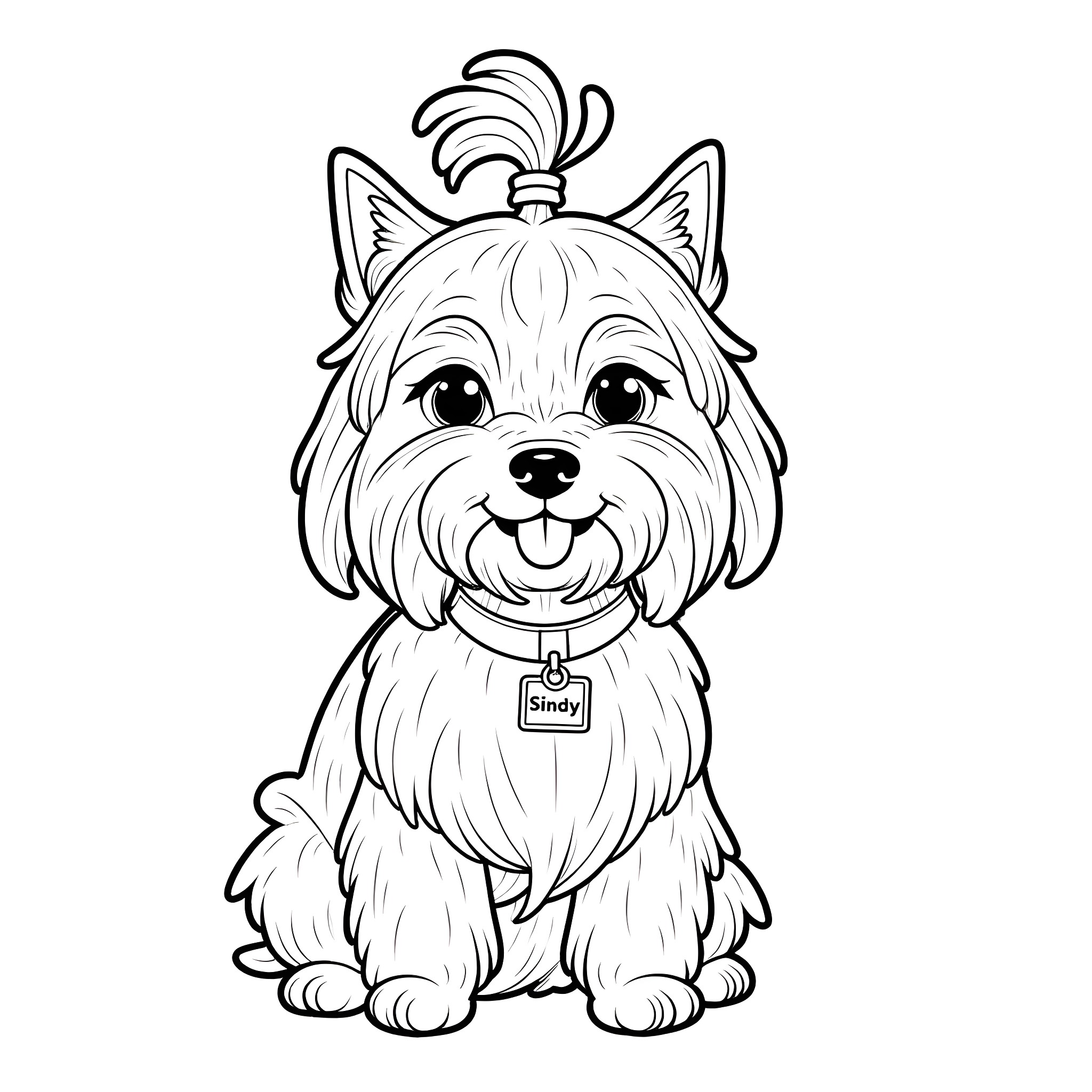 Yorkie puppy with ribbon collar and tag Coloring Page (free black-and-white line drawing printable PDF for all, from beginners to advanced learners, including children, teens, adults, and seniors)