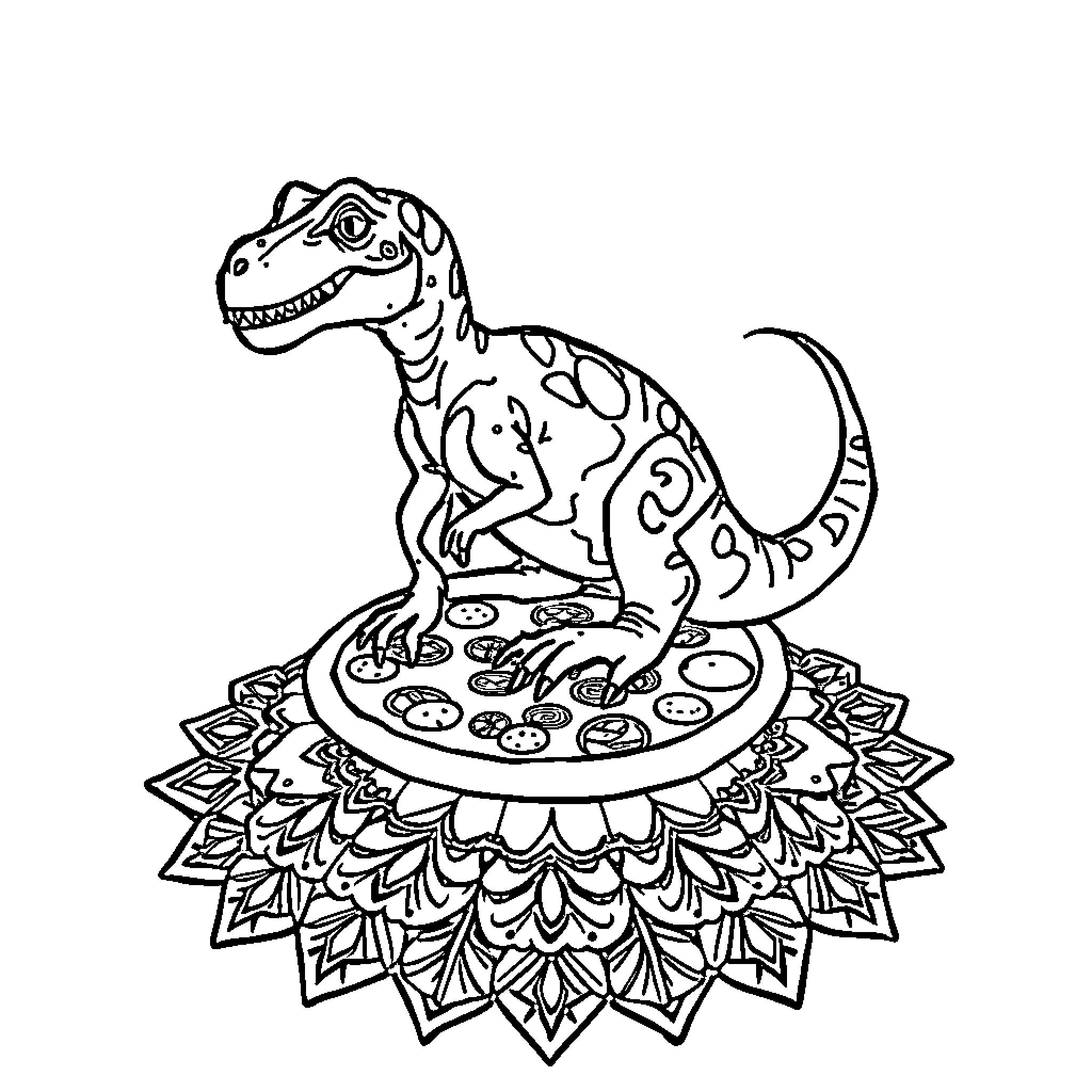 Velociraptor dances on ornamental mandala Coloring Page (free black-and-white line drawing printable PDF for all, from beginners to advanced learners, including children, teens, adults, and seniors)