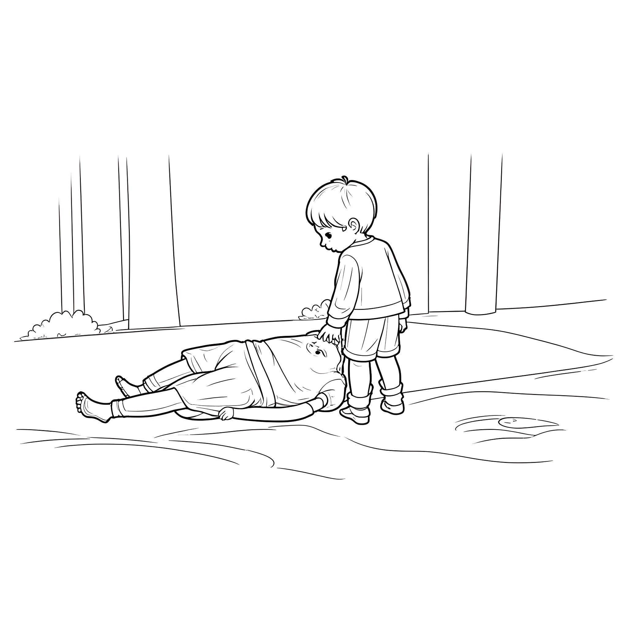 Kid assisting injured person on the ground Coloring Page (free black-and-white line drawing printable PDF for all, from beginners to advanced learners, including children, teens, adults, and seniors)