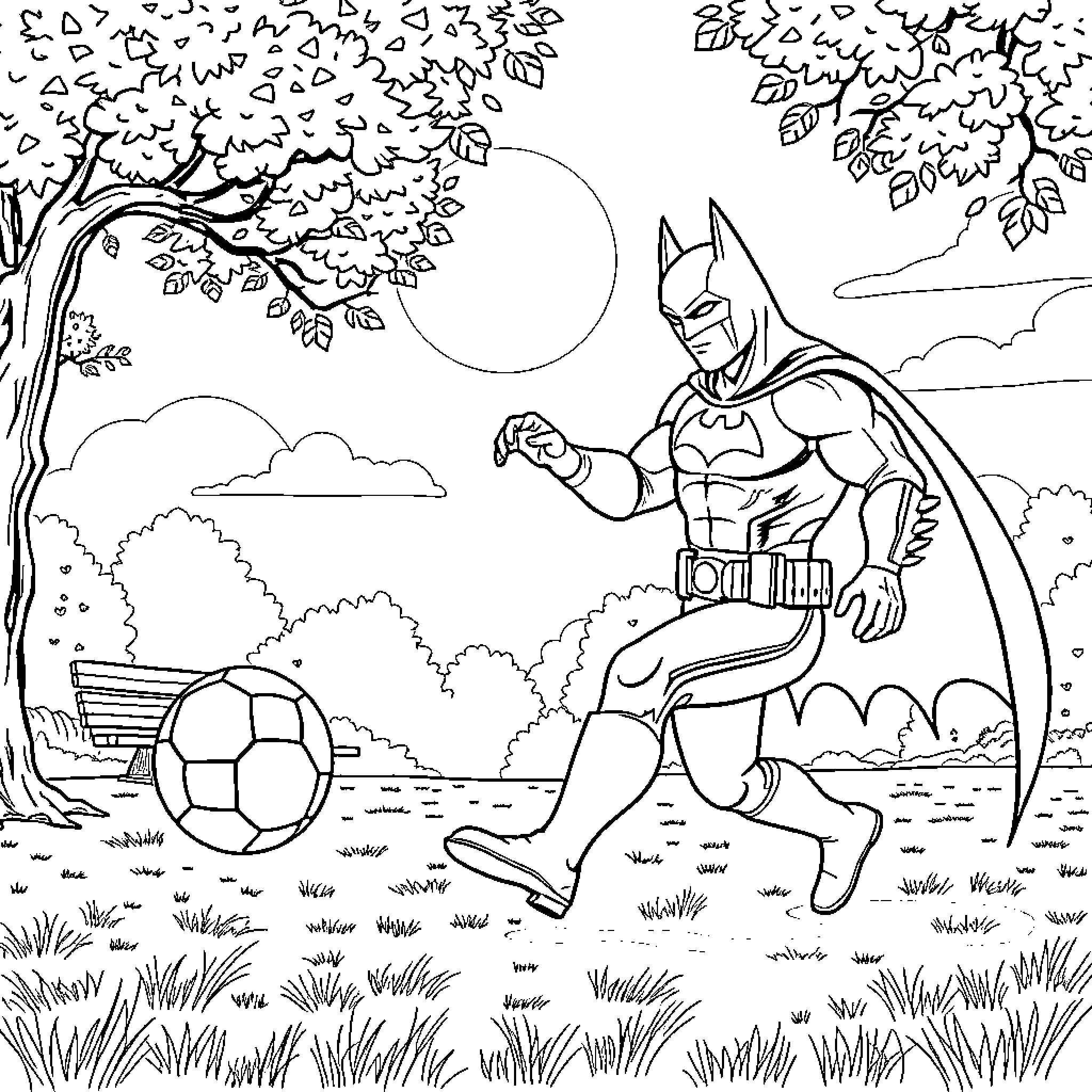 Batman Kicking a Soccer Ball in the Park Coloring Page (free black-and-white line drawing printable PDF for all, from beginners to advanced learners, including children, teens, adults, and seniors)