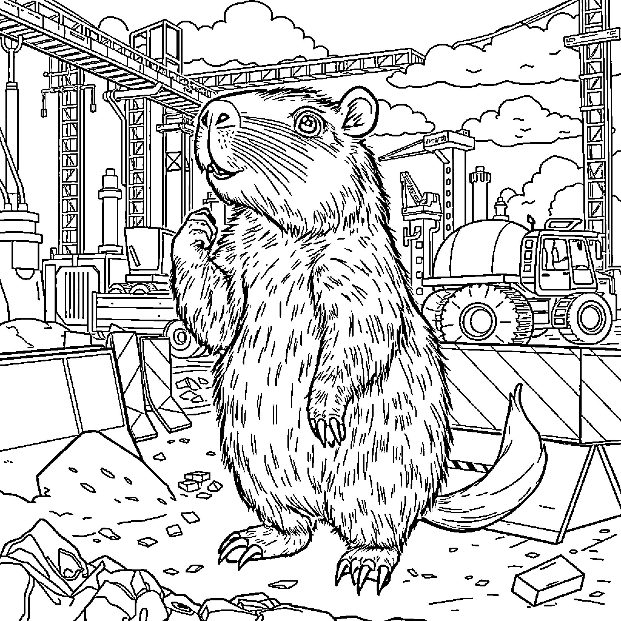 Capybara exploring an urban construction site Coloring Page (free black-and-white line drawing printable PDF for all, from beginners to advanced learners, including children, teens, adults, and seniors)