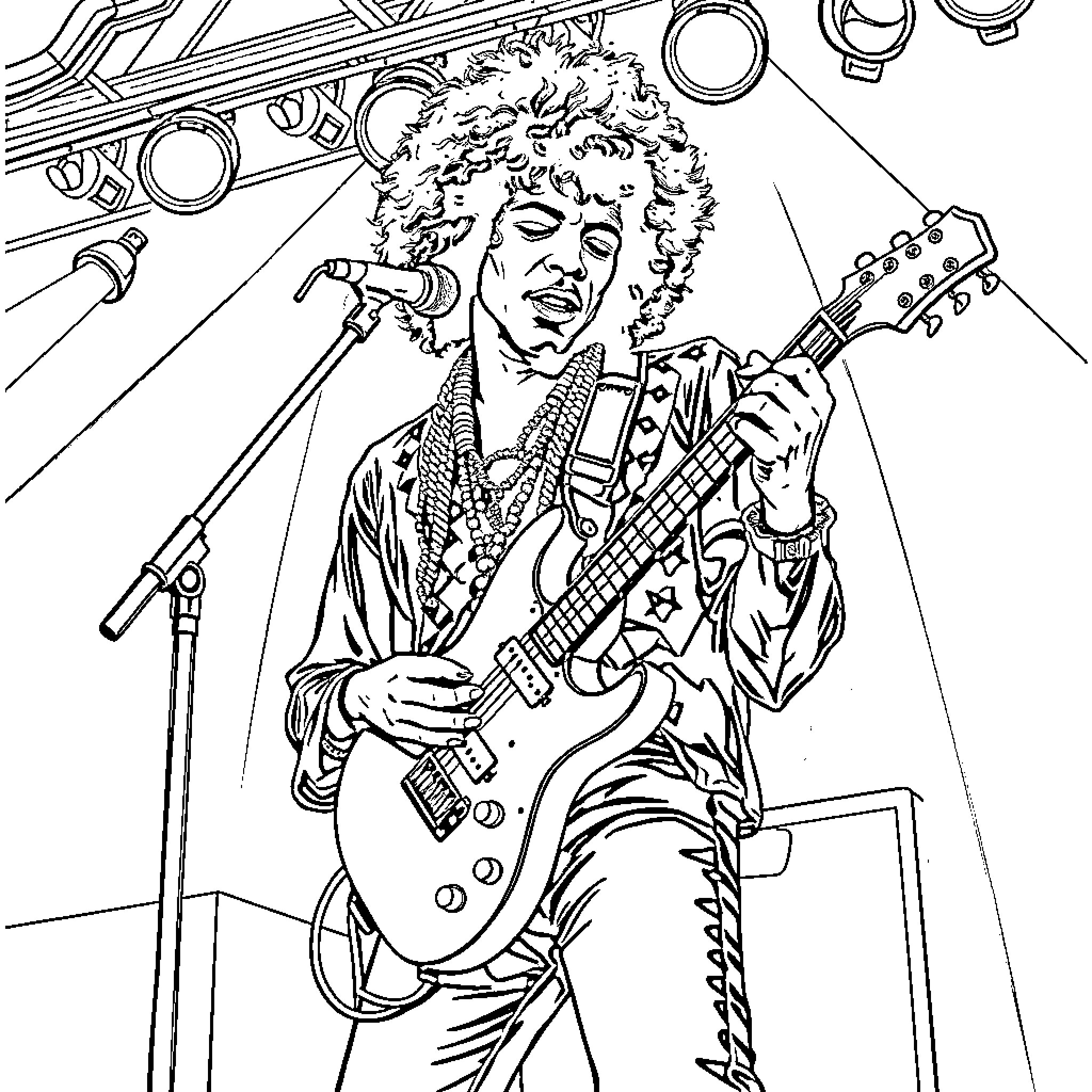 Jimi Hendrix performing on stage with electric guitar Coloring Page (free black-and-white line drawing printable PDF for all, from beginners to advanced learners, including children, teens, adults, and seniors)