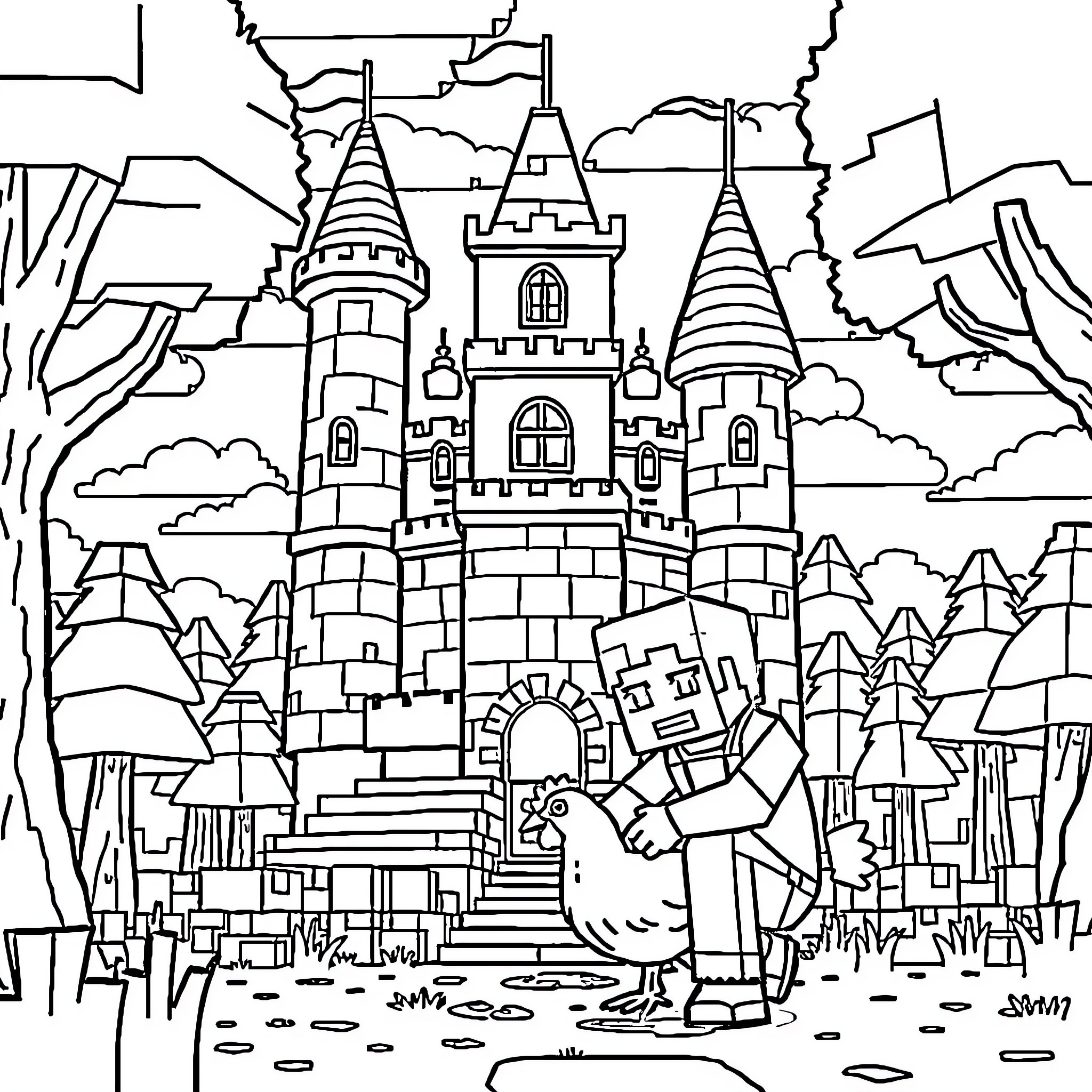 Minecraft Fantastical Castle Landscape Coloring Page (free black-and-white line drawing printable PDF for all, from beginners to advanced learners, including children, teens, adults, and seniors)