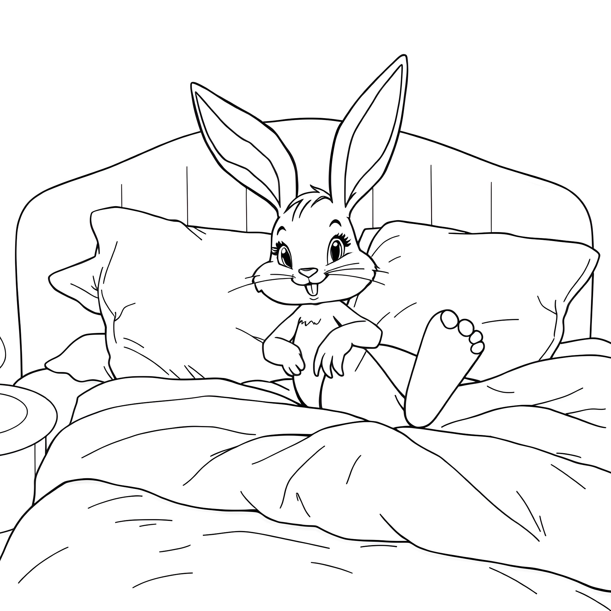 Bunny resting comfortably in cozy bed Coloring Page (free black-and-white line drawing printable PDF for all, from beginners to advanced learners, including children, teens, adults, and seniors)