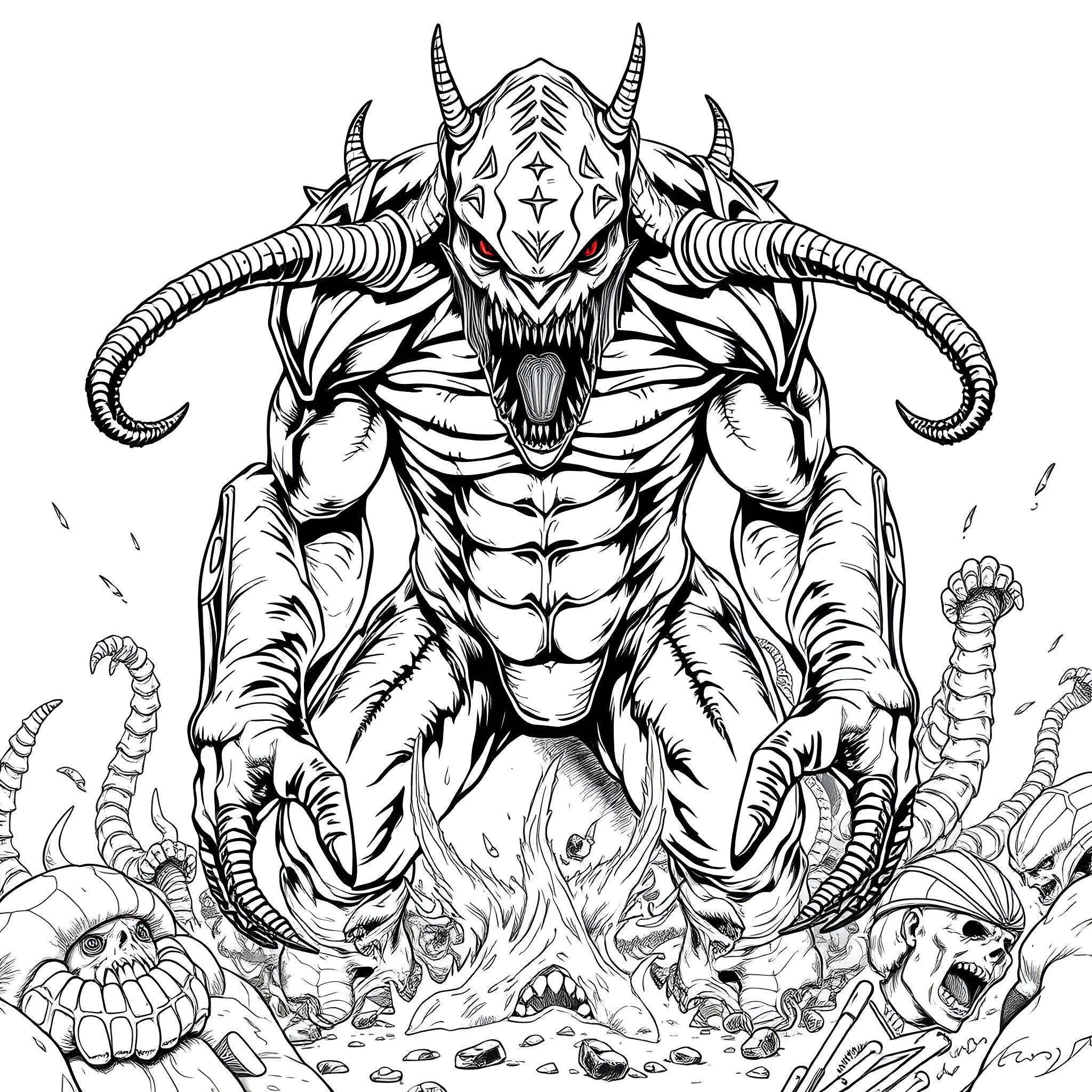 Nemesis: Demonic Overlord Emerges from the Depths Coloring Page (free black-and-white line drawing printable PDF for all, from beginners to advanced learners, including children, teens, adults, and seniors)