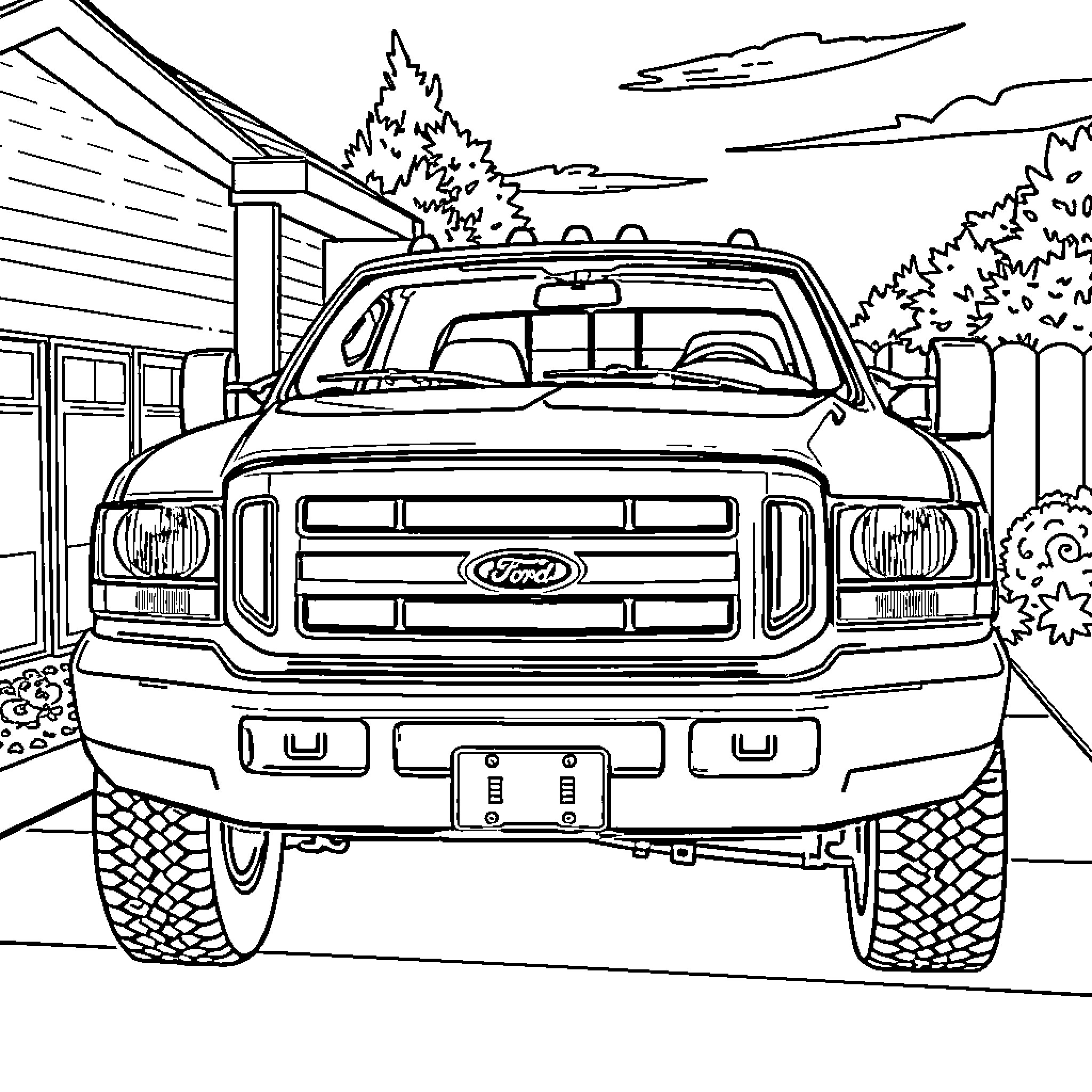 Ford F350 in a rural landscape Coloring Page (free black-and-white line drawing printable PDF for all, from beginners to advanced learners, including children, teens, adults, and seniors)