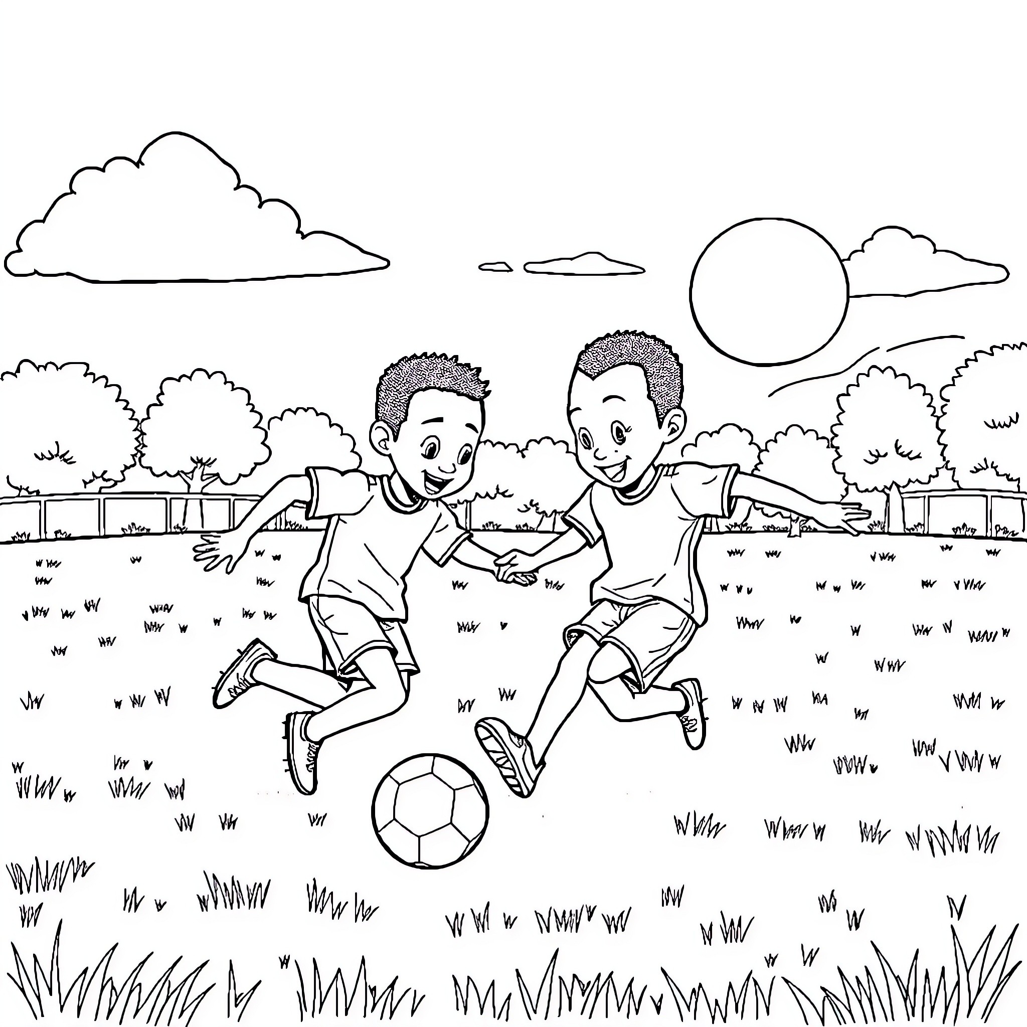 Tchoupi playing soccer with friend in the park Coloring Page (free black-and-white line drawing printable PDF for all, from beginners to advanced learners, including children, teens, adults, and seniors)