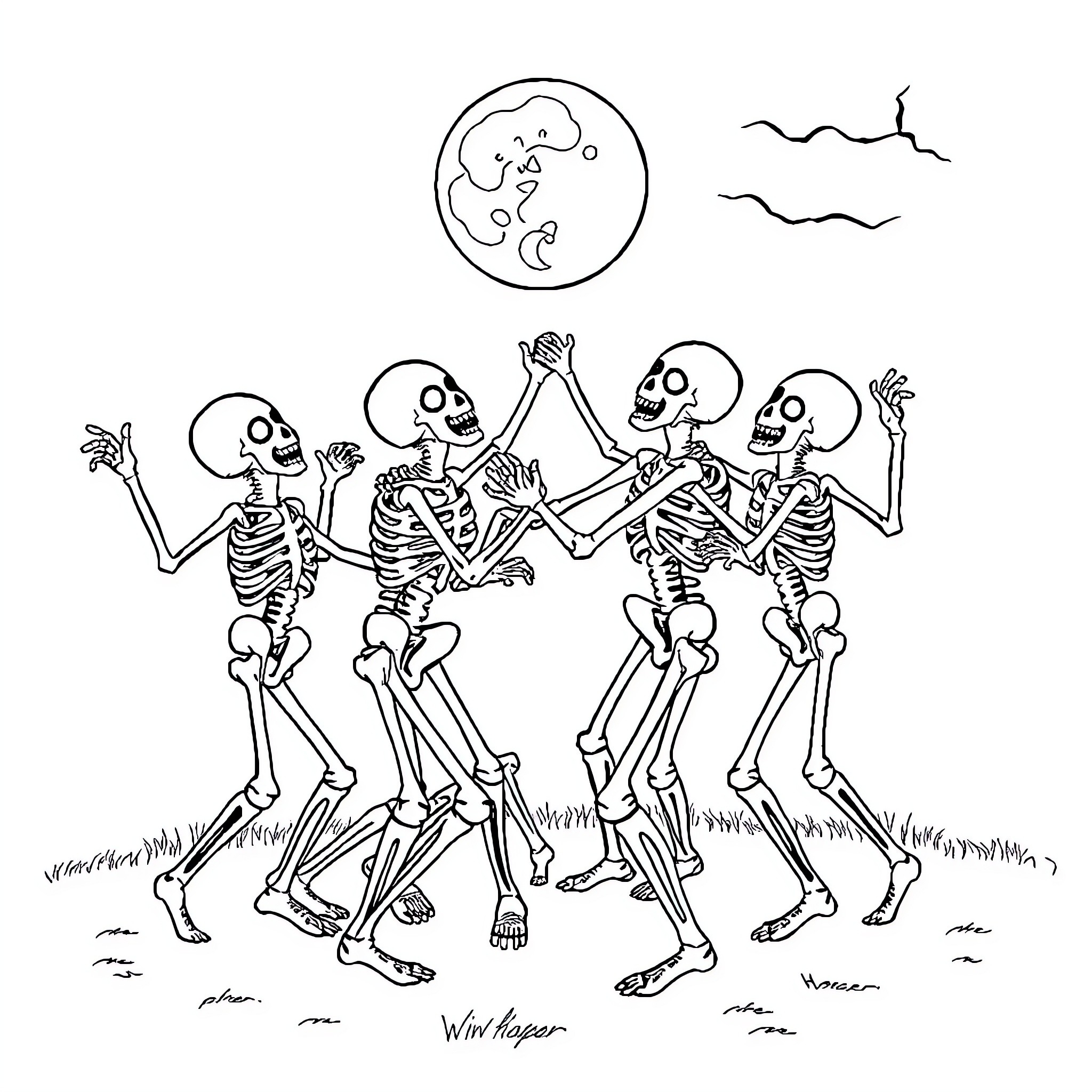 Skeleton dancers celebrating under the moon Coloring Page (free black-and-white line drawing printable PDF for all, from beginners to advanced learners, including children, teens, adults, and seniors)