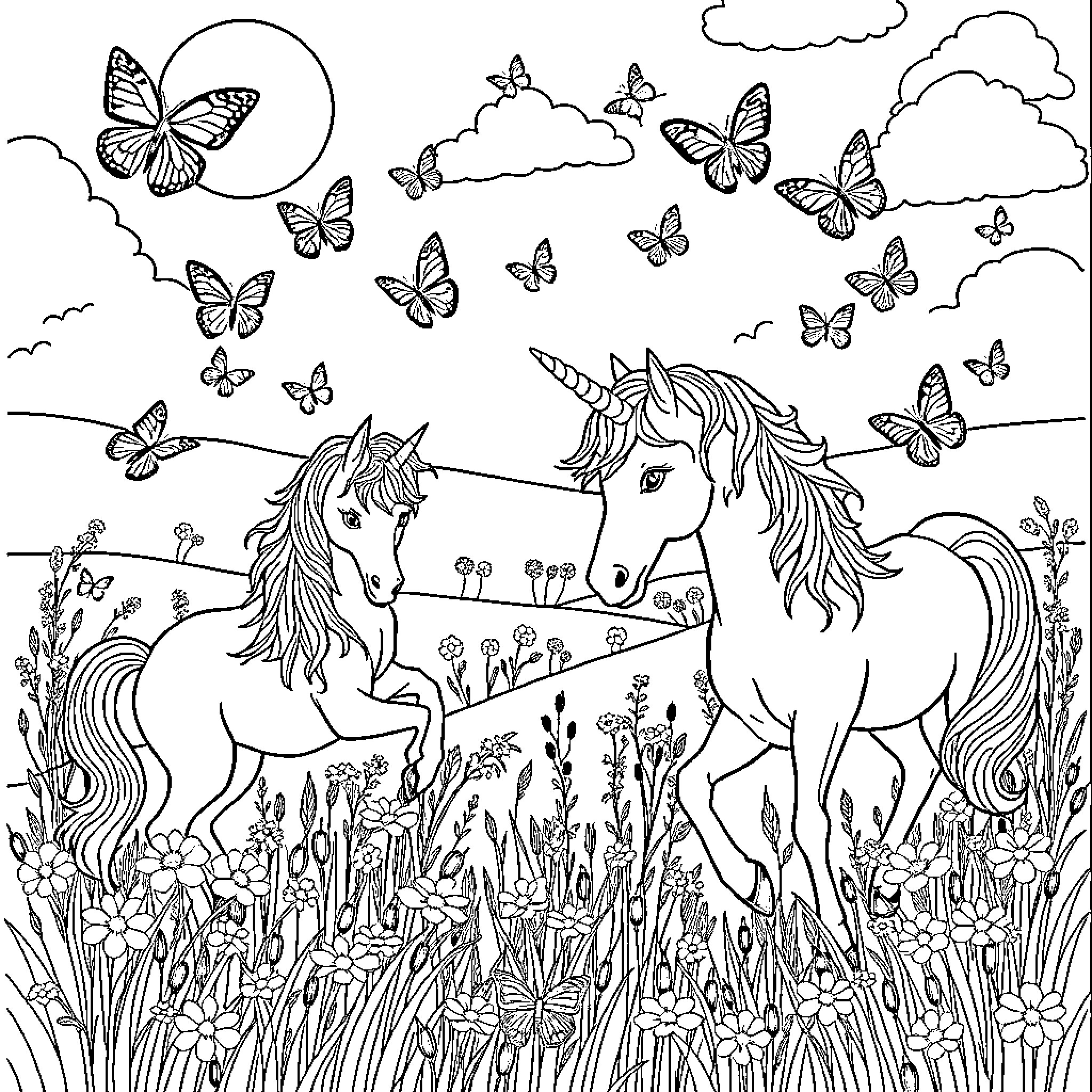 Butterfly Fantasy: Unicorns and Butterflies in the Meadow Coloring Page (free black-and-white line drawing printable PDF for all, from beginners to advanced learners, including children, teens, adults, and seniors)