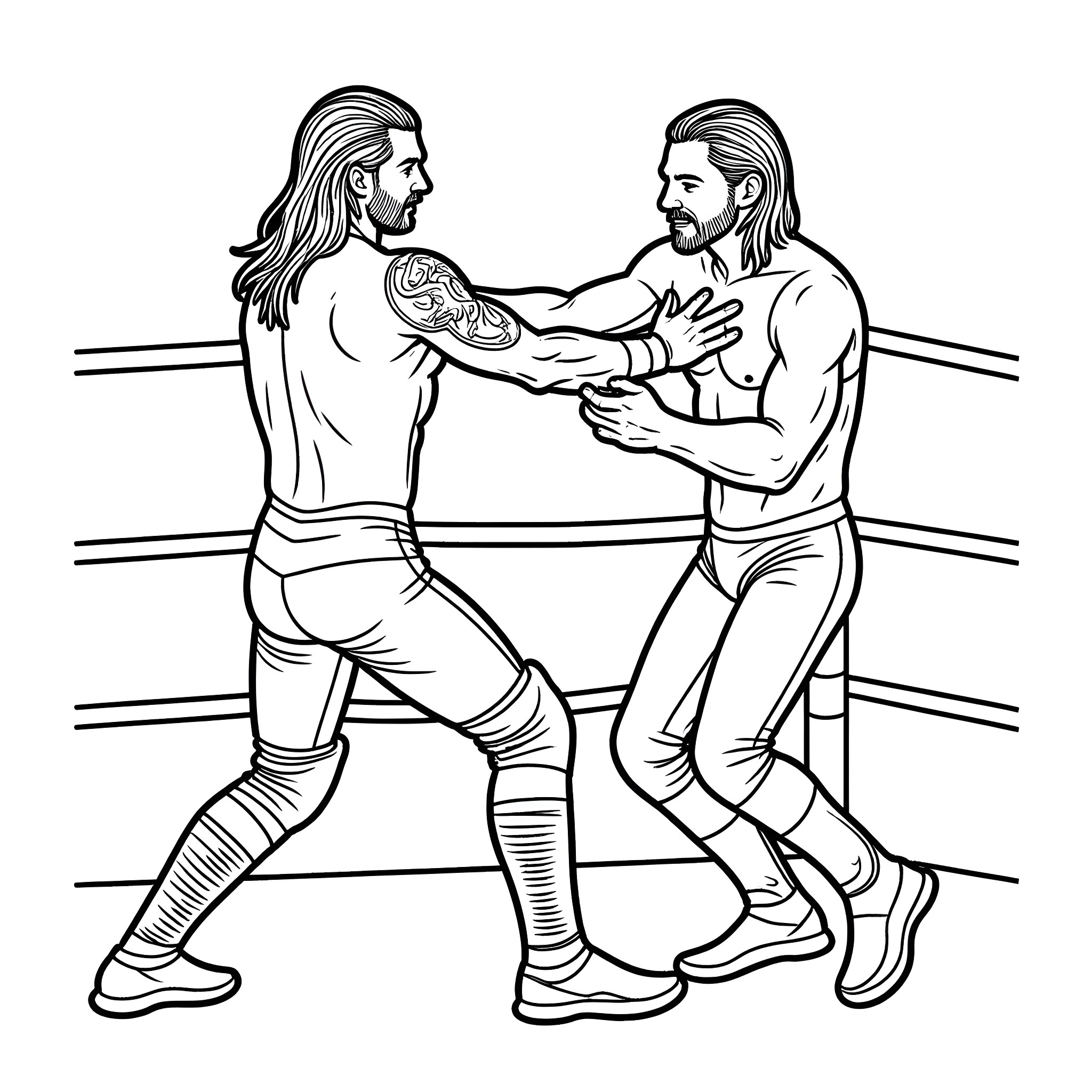 Roman Reigns Fighting Opponent in Wrestling Ring Coloring Page (free black-and-white line drawing printable PDF for all, from beginners to advanced learners, including children, teens, adults, and seniors)