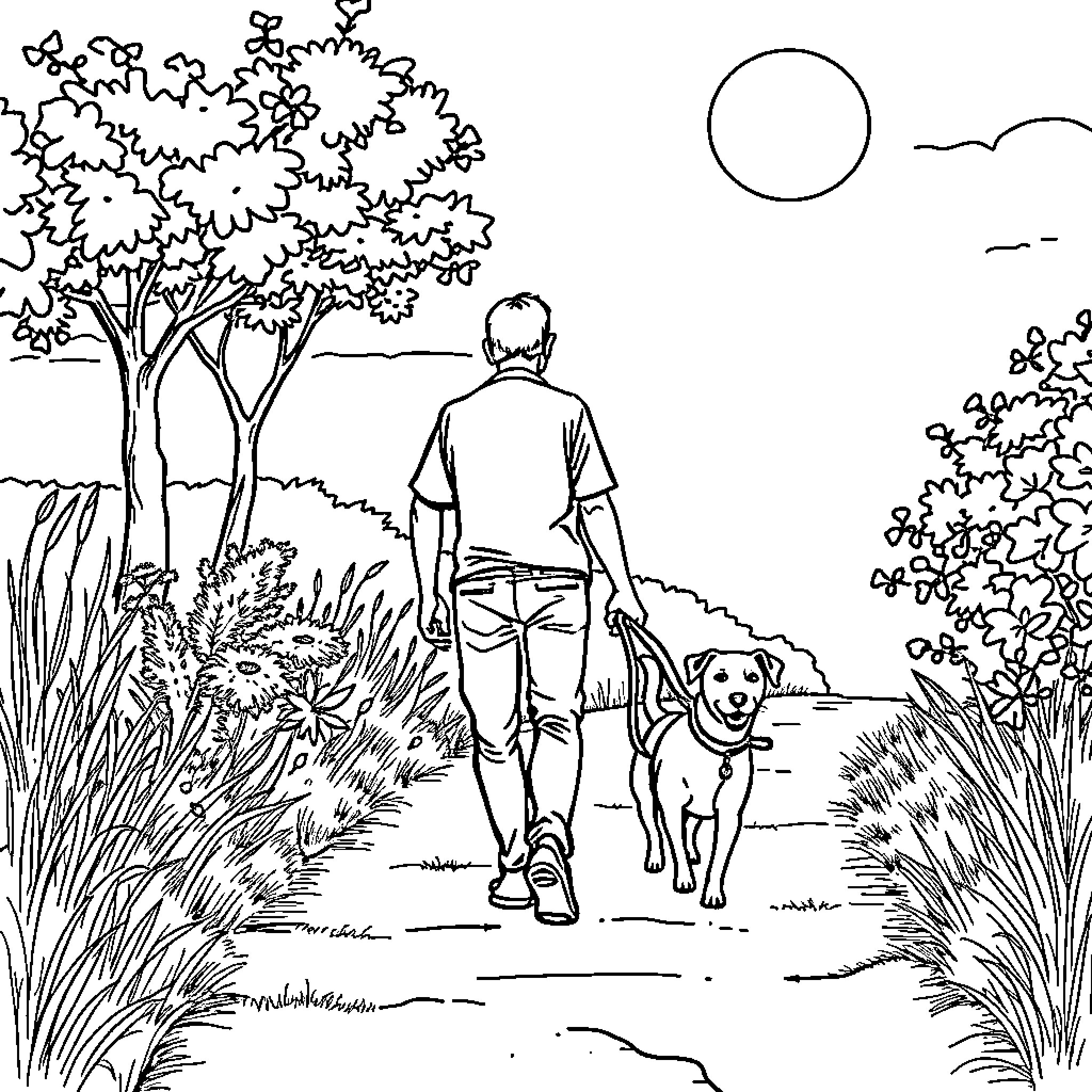 Man walking his dog on a nature trail Coloring Page (free black-and-white line drawing printable PDF for all, from beginners to advanced learners, including children, teens, adults, and seniors)
