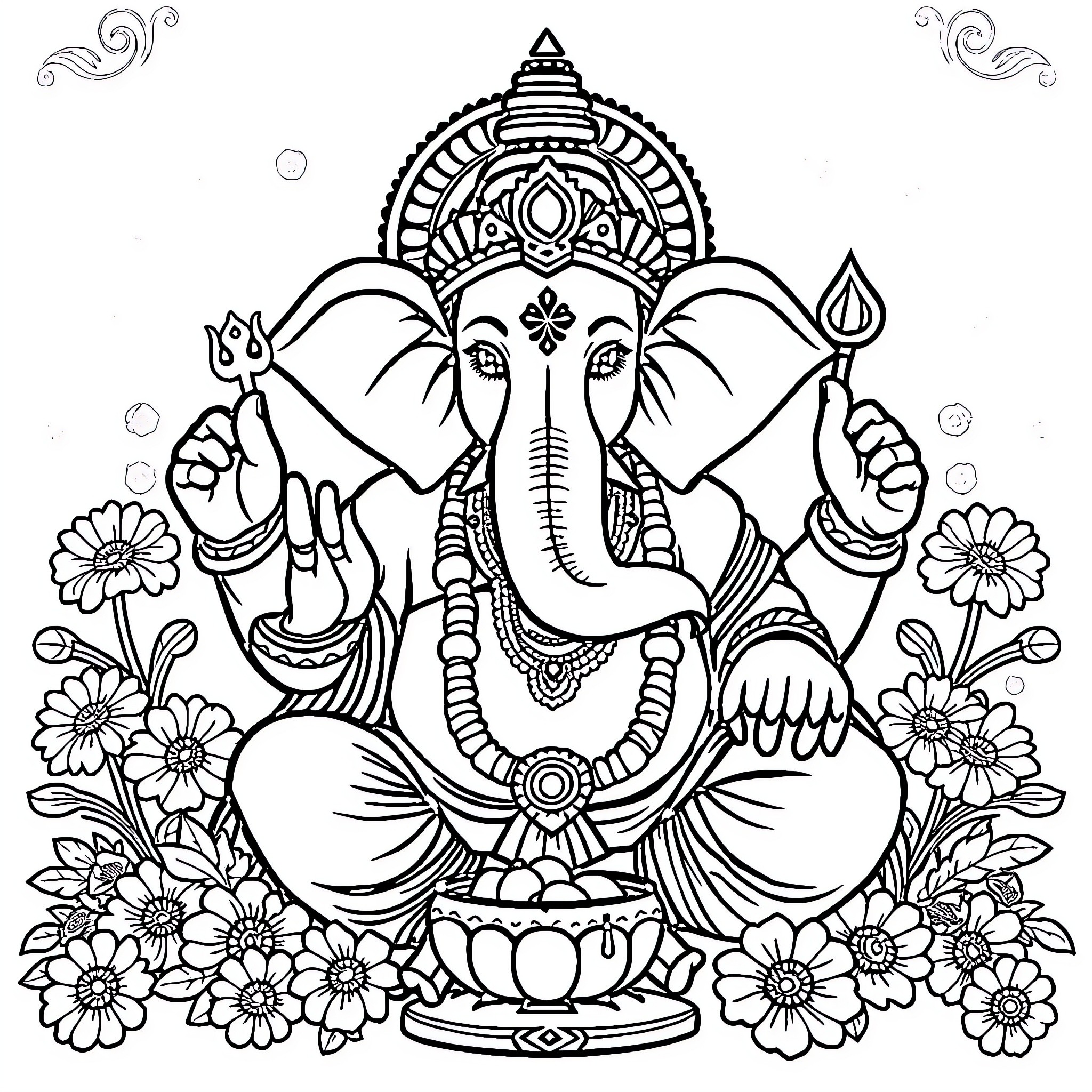 Ganesha - Hindu Deity Sitting Amidst Flowers Coloring Page (free black-and-white line drawing printable PDF for all, from beginners to advanced learners, including children, teens, adults, and seniors)