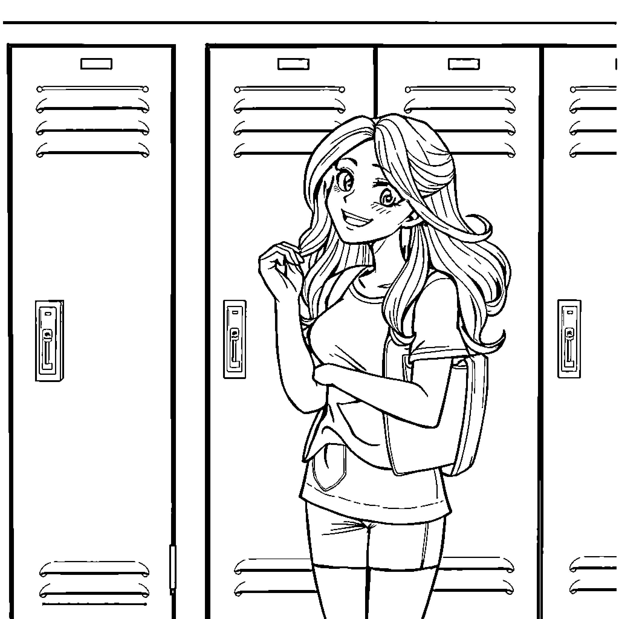 Tessa leaning against lockers with backpack Coloring Page (free black-and-white line drawing printable PDF for all, from beginners to advanced learners, including children, teens, adults, and seniors)
