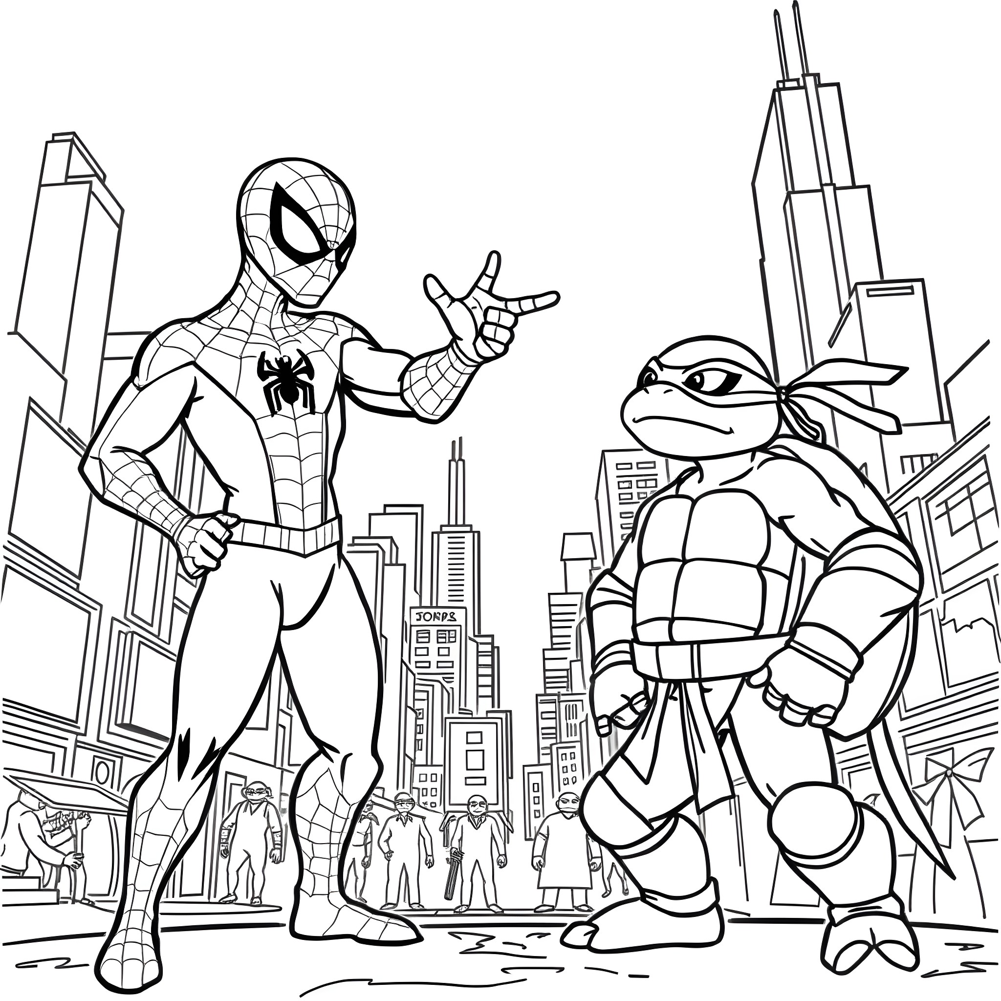 Spiderman and Ninja Turtle in the City Coloring Page (free black-and-white line drawing printable PDF for all, from beginners to advanced learners, including children, teens, adults, and seniors)