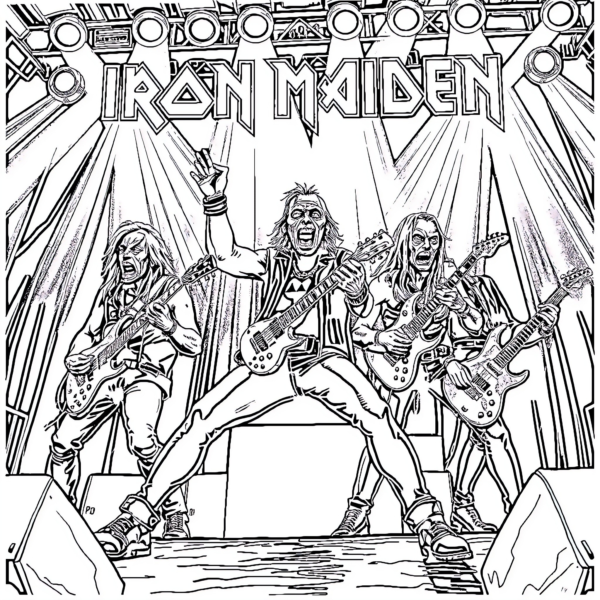Iron Maiden: Rocking Performers on Stage Coloring Page (free black-and-white line drawing printable PDF for all, from beginners to advanced learners, including children, teens, adults, and seniors)