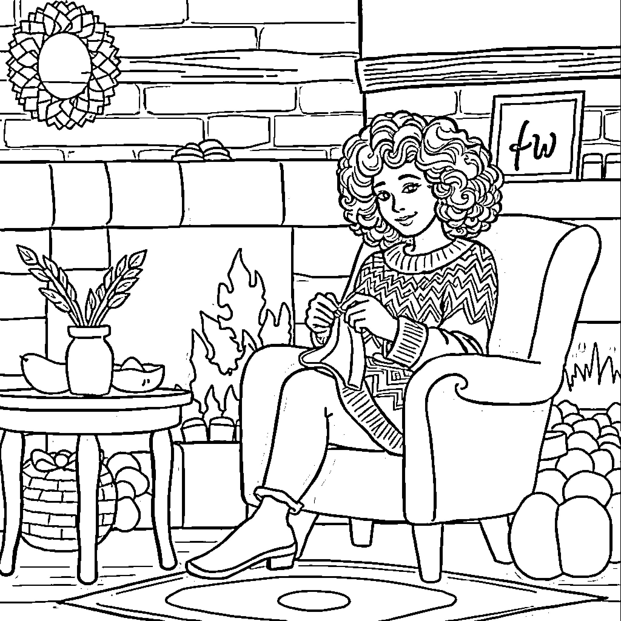 Lady relaxing comfortably in cozy home setting Coloring Page (free black-and-white line drawing printable PDF for all, from beginners to advanced learners, including children, teens, adults, and seniors)