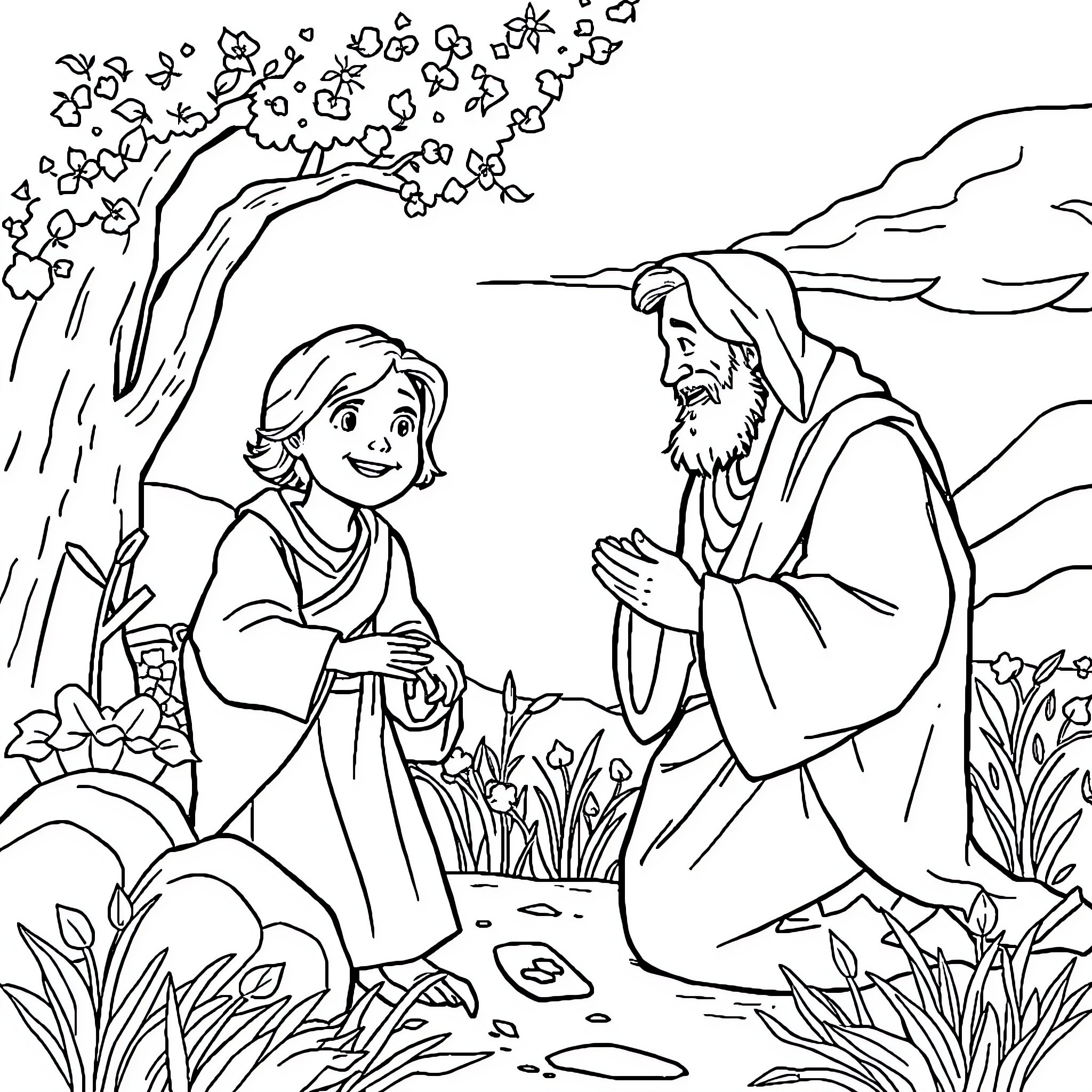 Son Shares Conversation with Wise Old Man in Nature Coloring Page (free black-and-white line drawing printable PDF for all, from beginners to advanced learners, including children, teens, adults, and seniors)