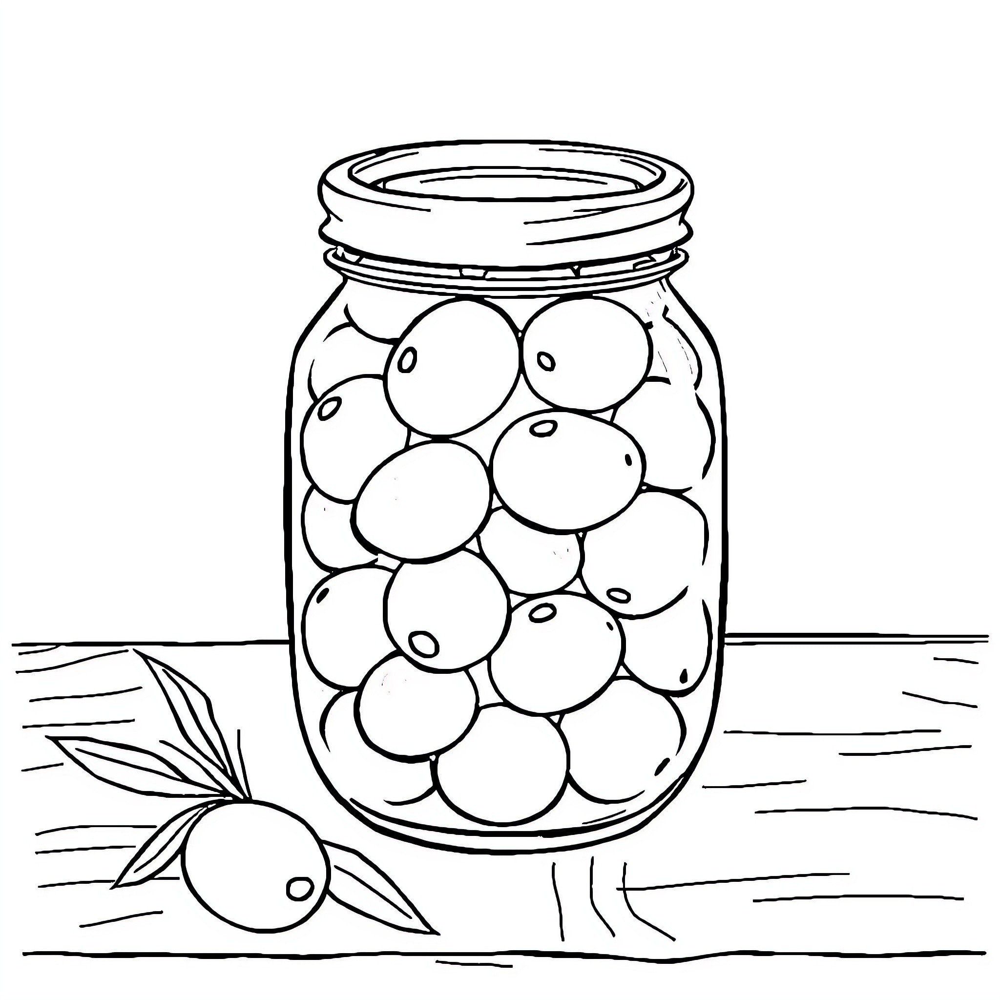 Olive enjoying preserved olives in a jar Coloring Page (free black-and-white line drawing printable PDF for all, from beginners to advanced learners, including children, teens, adults, and seniors)