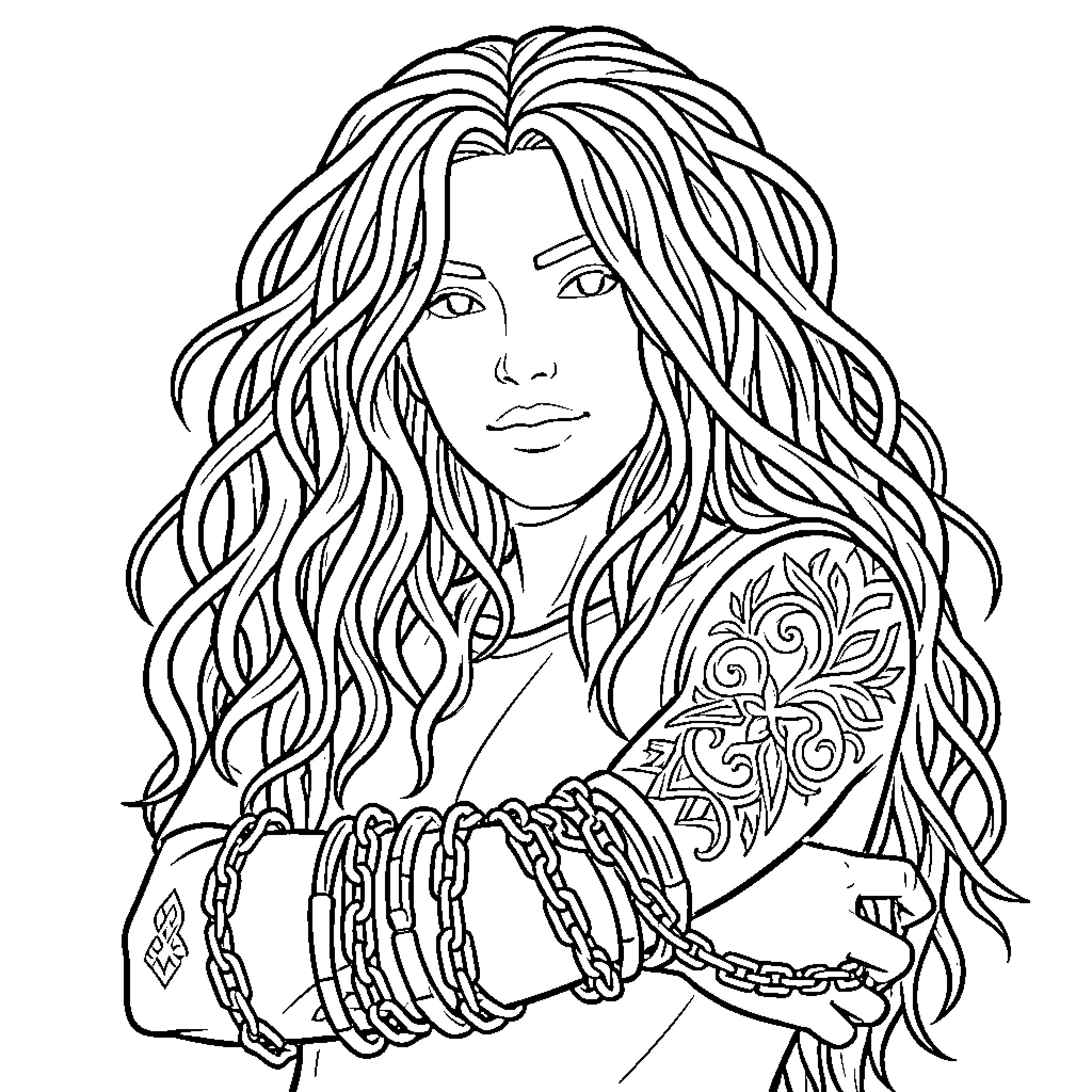 Dread in the eyes of a woman in chains Coloring Page (free black-and-white line drawing printable PDF for all, from beginners to advanced learners, including children, teens, adults, and seniors)
