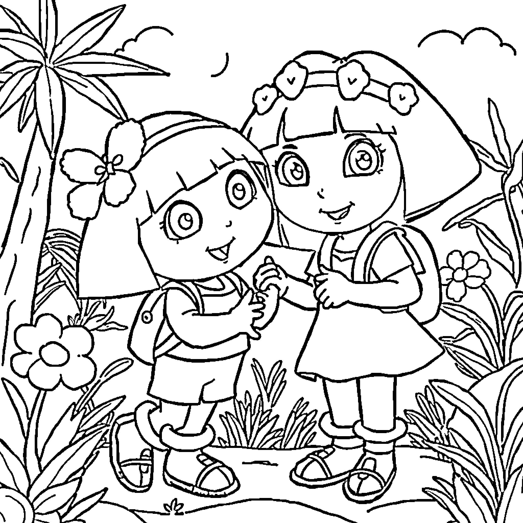 Dora and Her Friend Explore the Jungle Coloring Page (free black-and-white line drawing printable PDF for all, from beginners to advanced learners, including children, teens, adults, and seniors)