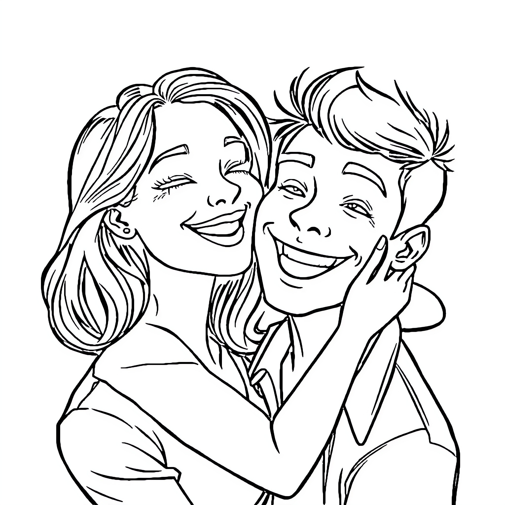 Woman sharing a joyful moment with companion Coloring Page (free black-and-white line drawing printable PDF for all, from beginners to advanced learners, including children, teens, adults, and seniors)
