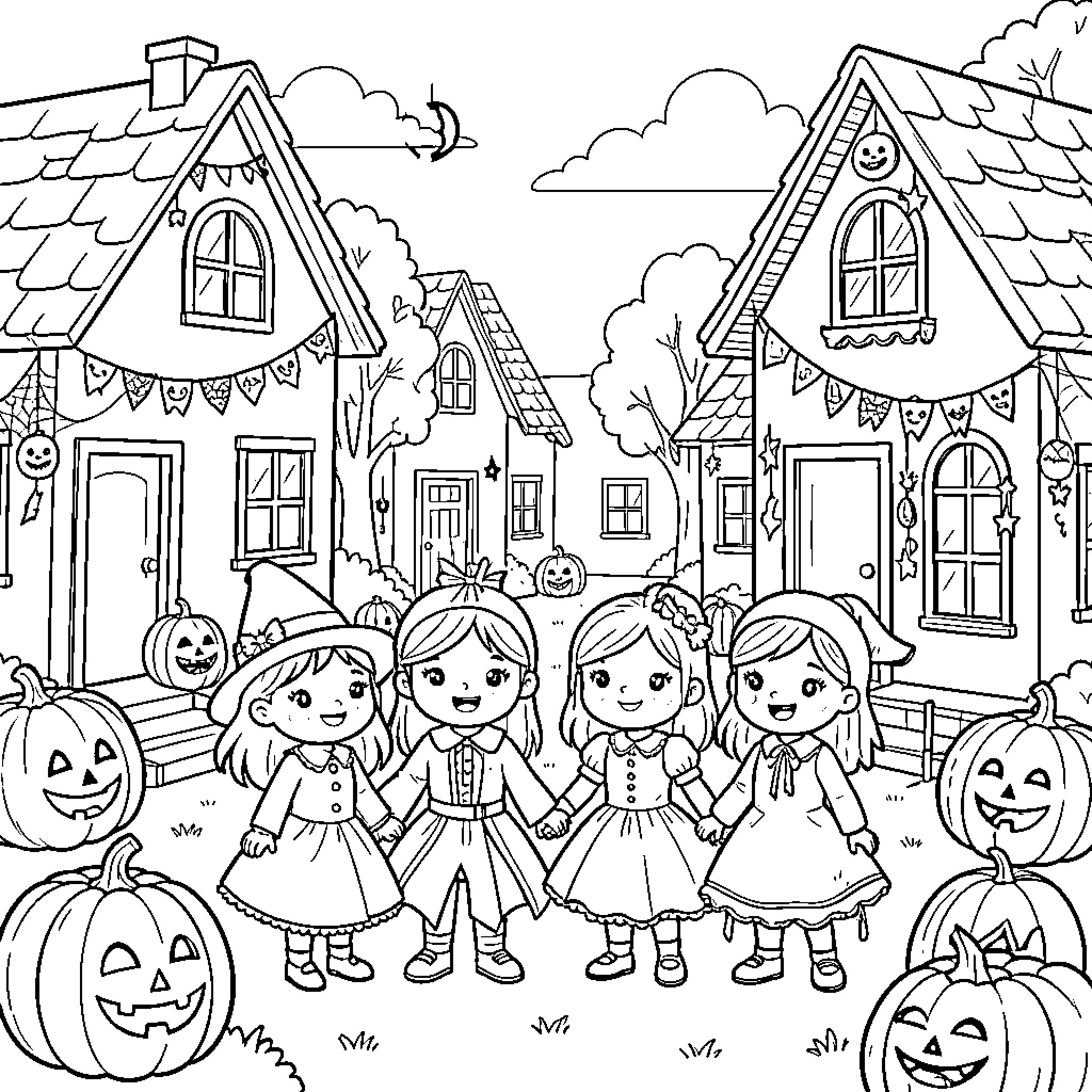 Halloween children in costumes holding hands in a village Coloring Page (free black-and-white line drawing printable PDF for all, from beginners to advanced learners, including children, teens, adults, and seniors)