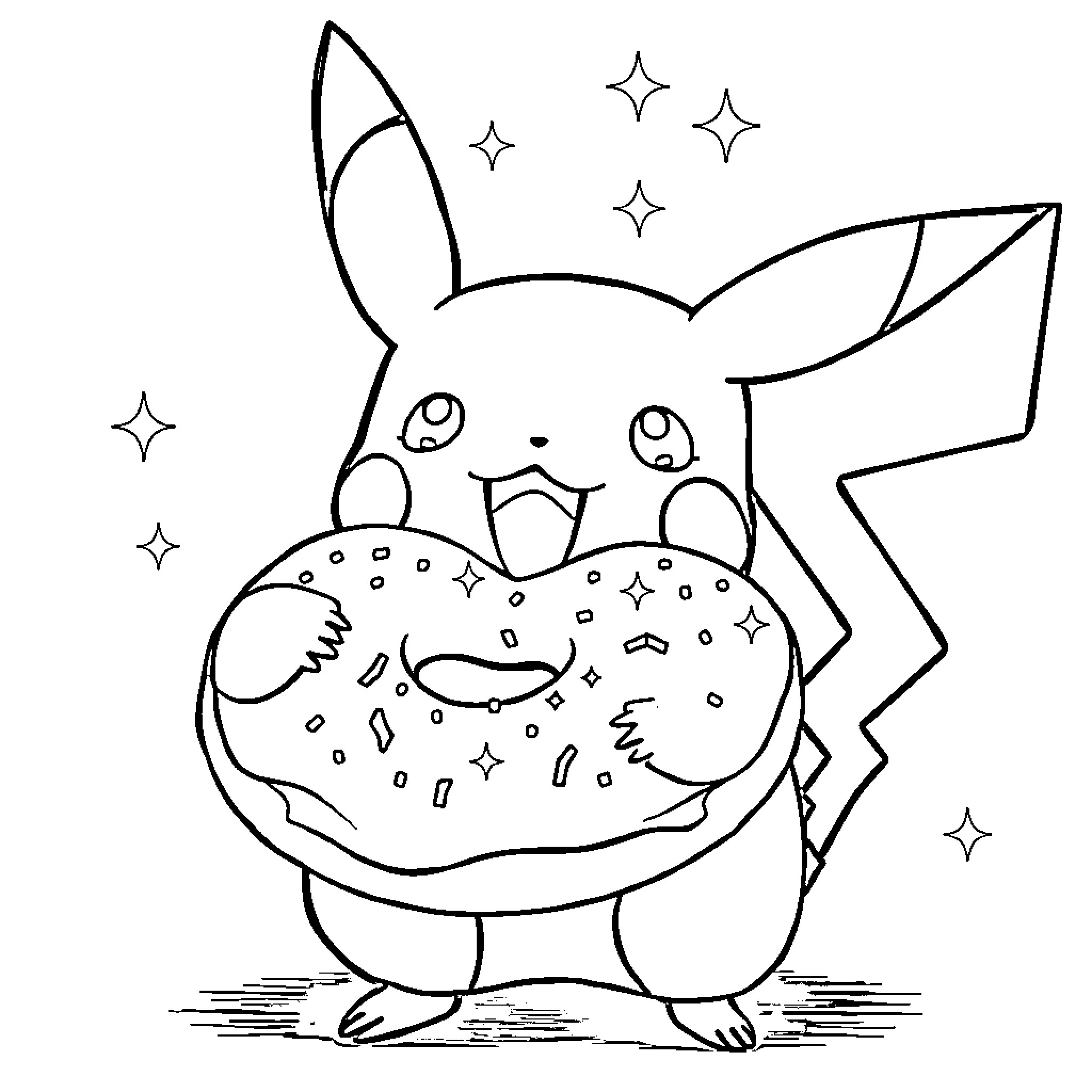 Pikachu enjoying a donut in a starry night Coloring Page (free black-and-white line drawing printable PDF for all, from beginners to advanced learners, including children, teens, adults, and seniors)