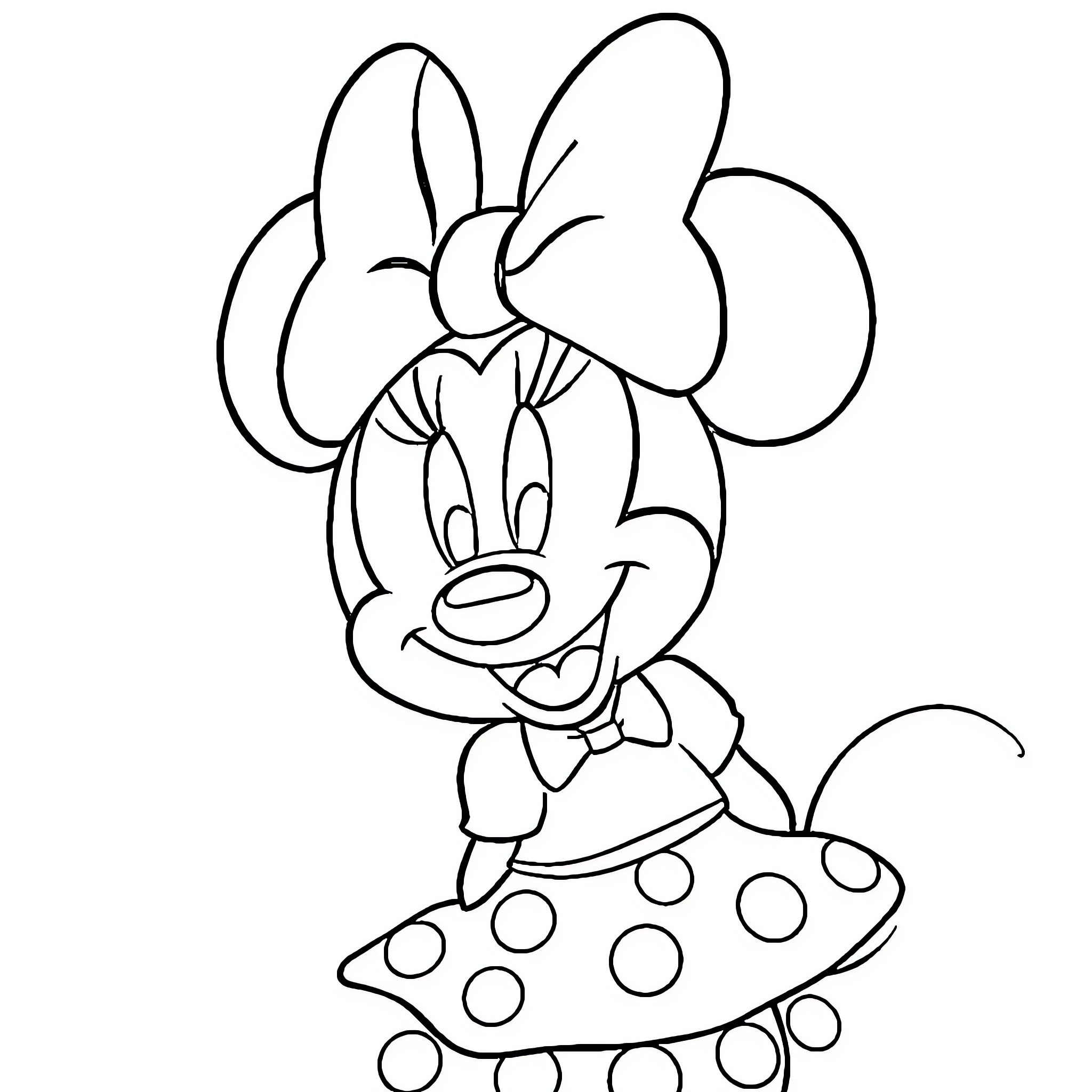 Minnie Mouse in a dotted dress Coloring Page (free black-and-white line drawing printable PDF for all, from beginners to advanced learners, including children, teens, adults, and seniors)