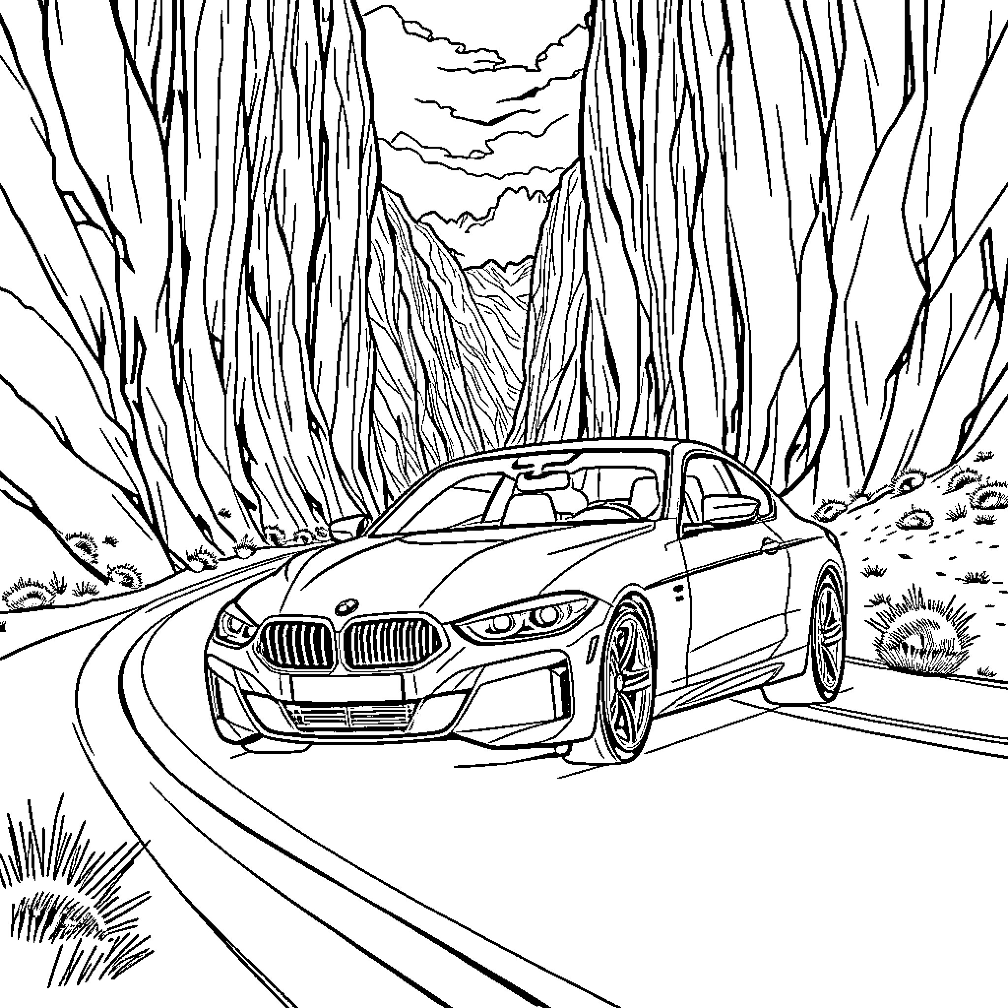 BMW cruising through a winding forest path Coloring Page (free black-and-white line drawing printable PDF for all, from beginners to advanced learners, including children, teens, adults, and seniors)