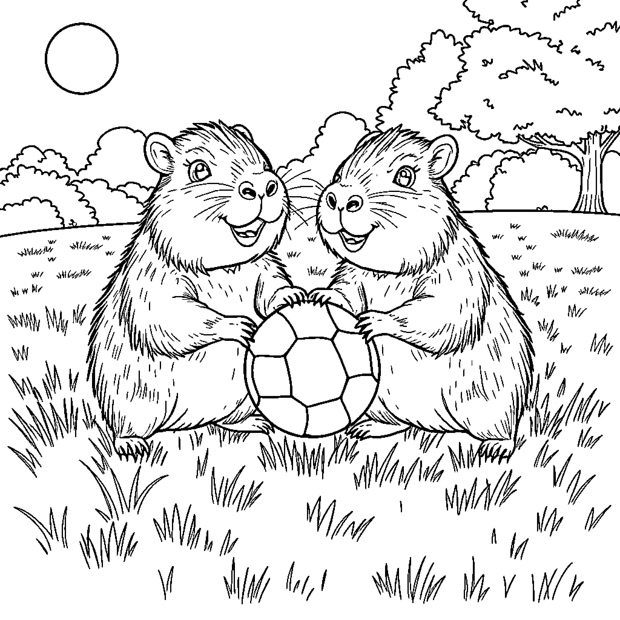 Capybara friends playing with soccer ball in nature Coloring Page (free black-and-white line drawing printable PDF for all, from beginners to advanced learners, including children, teens, adults, and seniors)