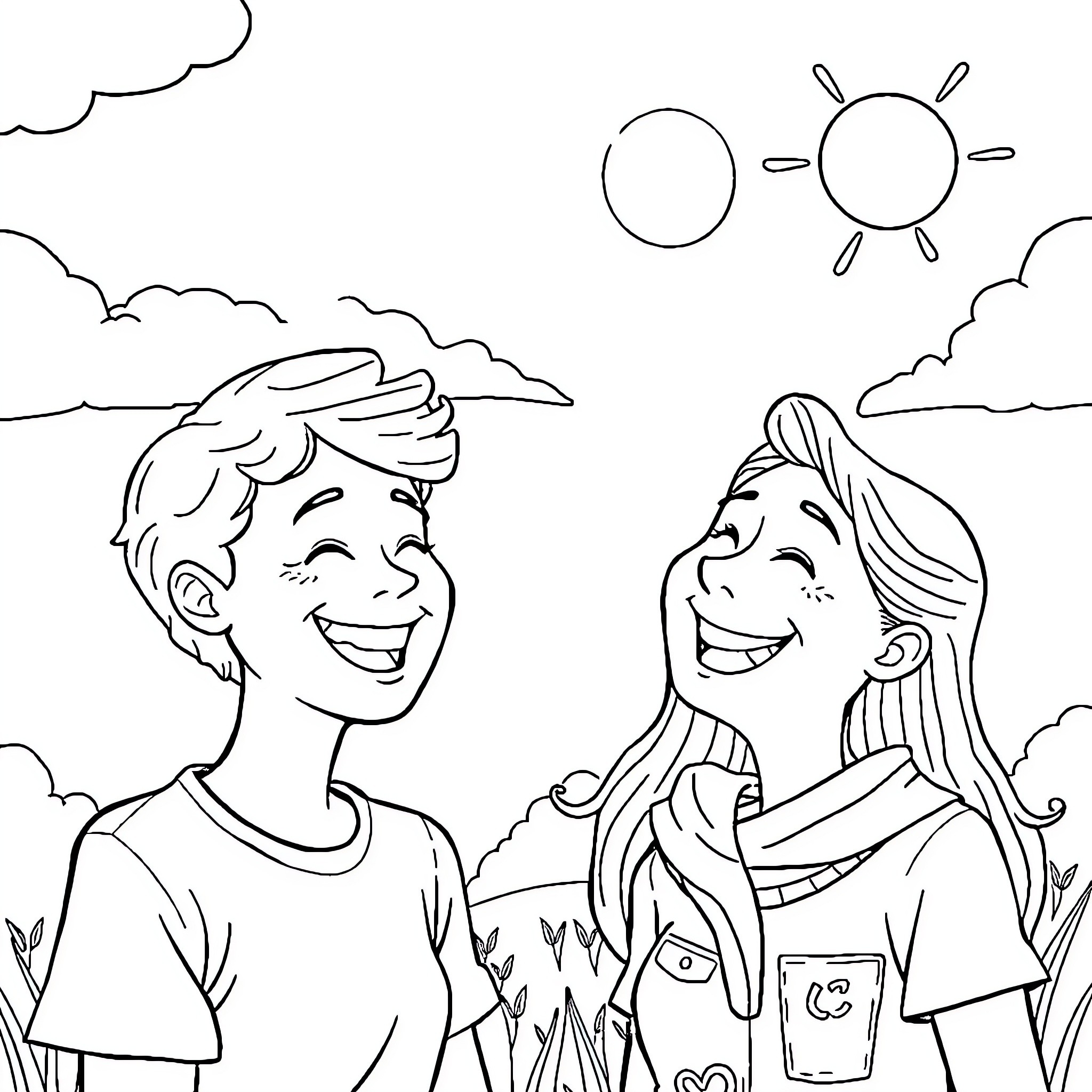 Joy in the Sunshine: Two Friends Laughing Outdoors Coloring Page (free black-and-white line drawing printable PDF for all, from beginners to advanced learners, including children, teens, adults, and seniors)