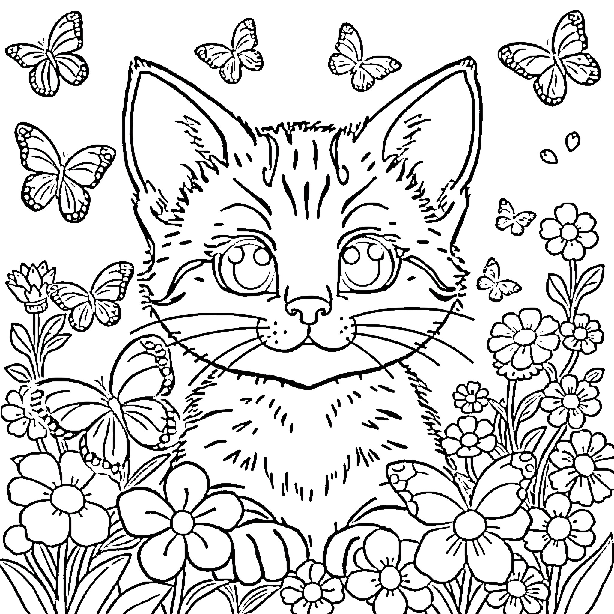 Cat surrounded by whimsical butterflies and flowers Coloring Page (free black-and-white line drawing printable PDF for all, from beginners to advanced learners, including children, teens, adults, and seniors)