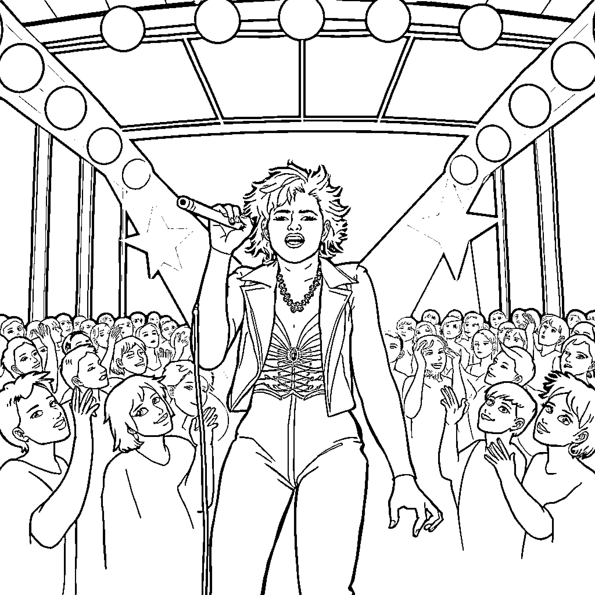 P!nk Performing Energetically on Stage with Fans Coloring Page (free black-and-white line drawing printable PDF for all, from beginners to advanced learners, including children, teens, adults, and seniors)