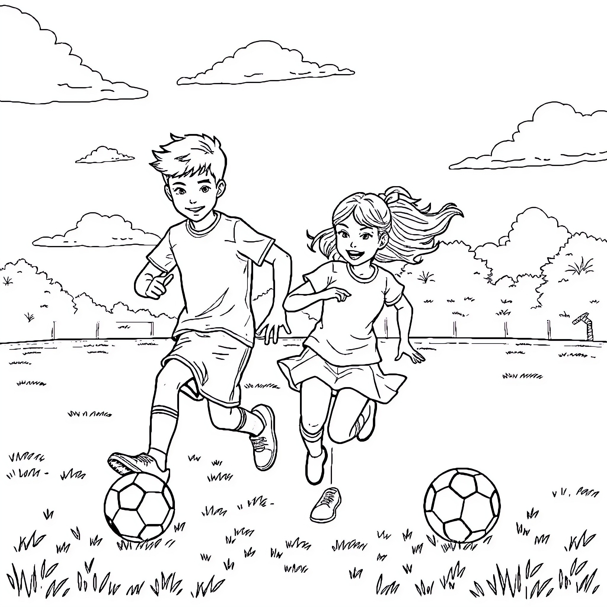 Boy and Girl Playing Soccer in the Park Coloring Page (free black-and-white line drawing printable PDF for all, from beginners to advanced learners, including children, teens, adults, and seniors)