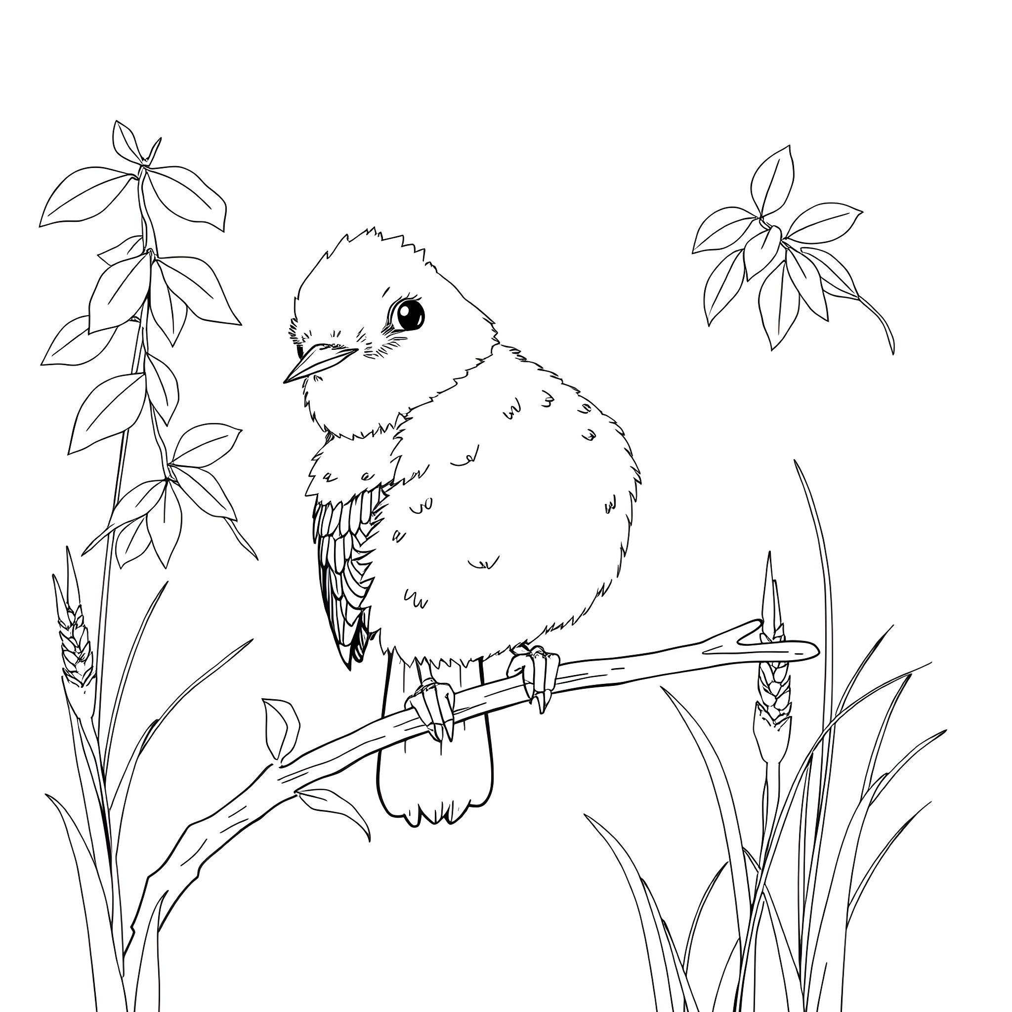 Shima Enaga: Cute bird perched on branch in nature Coloring Page (free black-and-white line drawing printable PDF for all, from beginners to advanced learners, including children, teens, adults, and seniors)