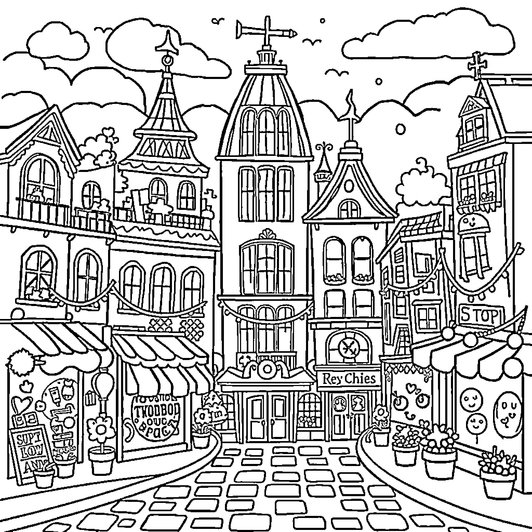City of architectural wonders and vibrant street life Coloring Page (free black-and-white line drawing printable PDF for all, from beginners to advanced learners, including children, teens, adults, and seniors)