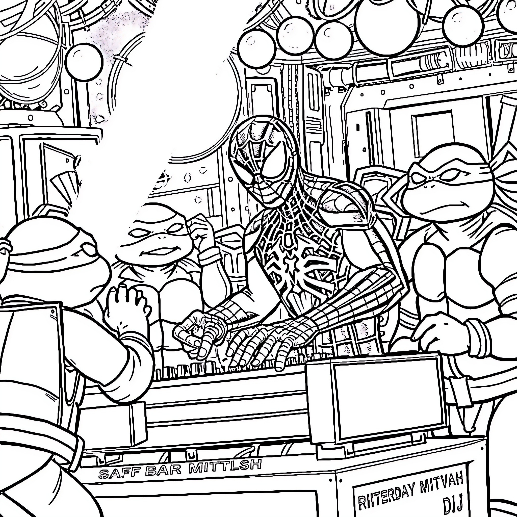 Spiderman in action with superhero friends Coloring Page (free black-and-white line drawing printable PDF for all, from beginners to advanced learners, including children, teens, adults, and seniors)