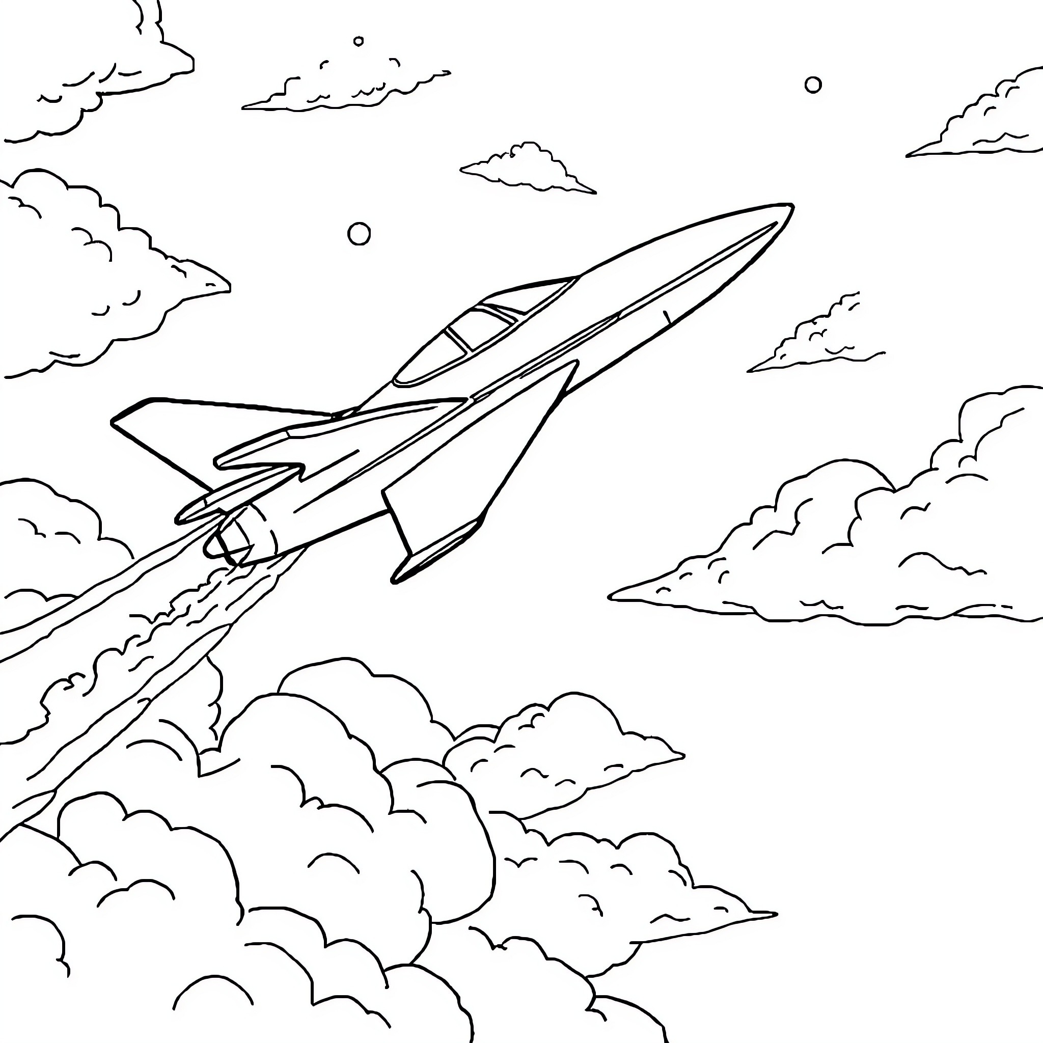 Avión sobrevolando nubes en el cielo Coloring Page (free black-and-white line drawing printable PDF for all, from beginners to advanced learners, including children, teens, adults, and seniors)