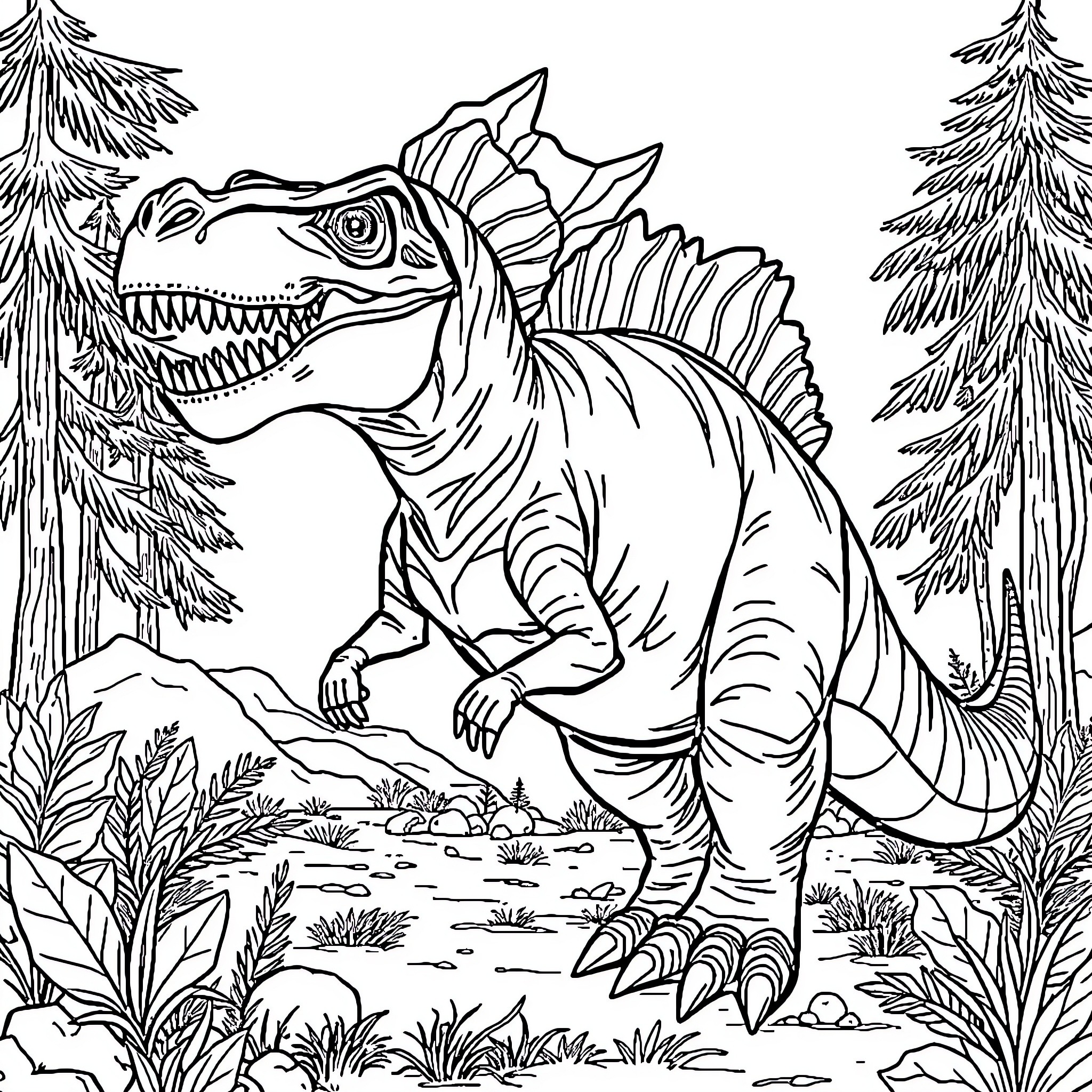 Barbarian Dinosaur Roaming Through the Wilderness Coloring Page (free black-and-white line drawing printable PDF for all, from beginners to advanced learners, including children, teens, adults, and seniors)