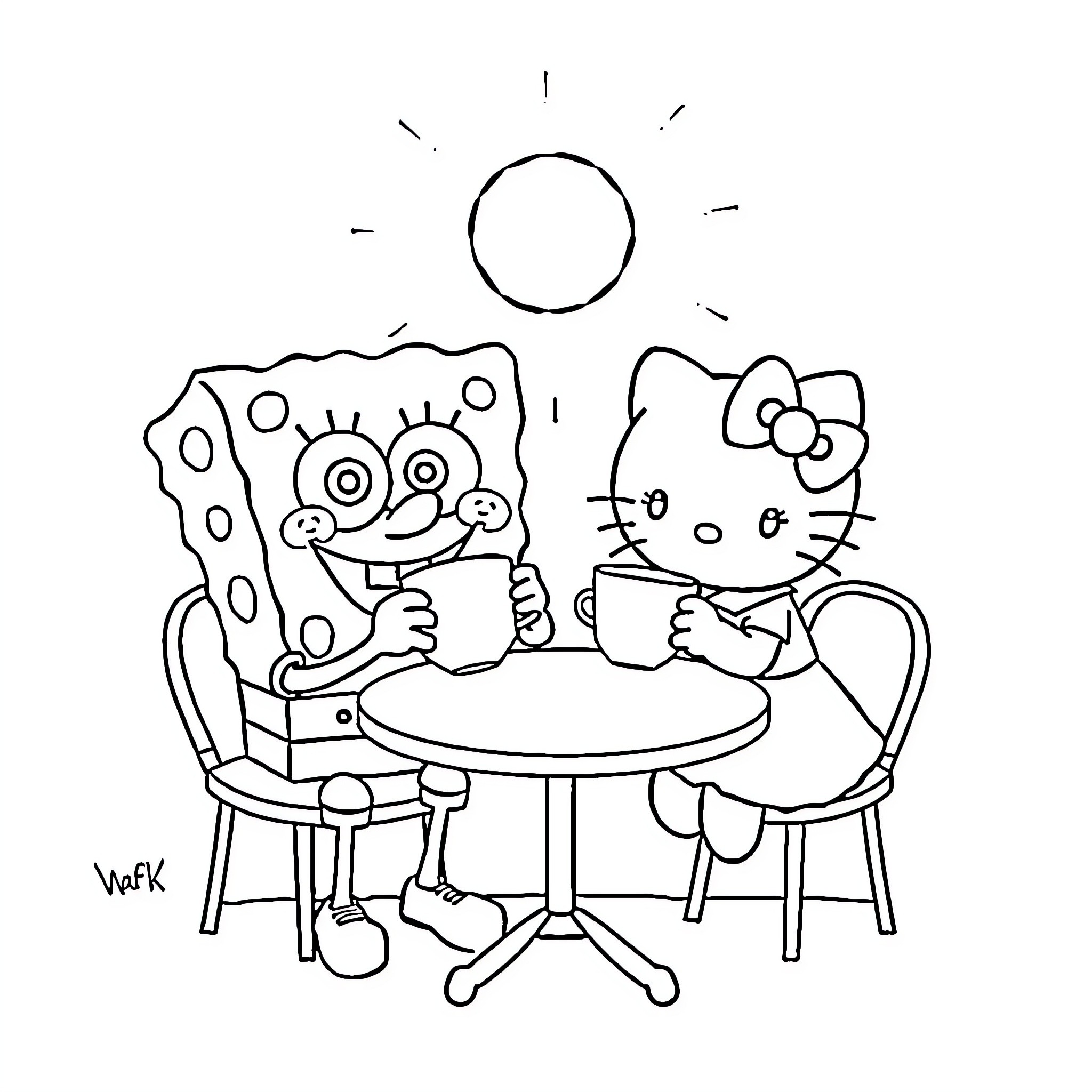 Spongebob and Hello Kitty enjoying drinks together Coloring Page (free black-and-white line drawing printable PDF for all, from beginners to advanced learners, including children, teens, adults, and seniors)