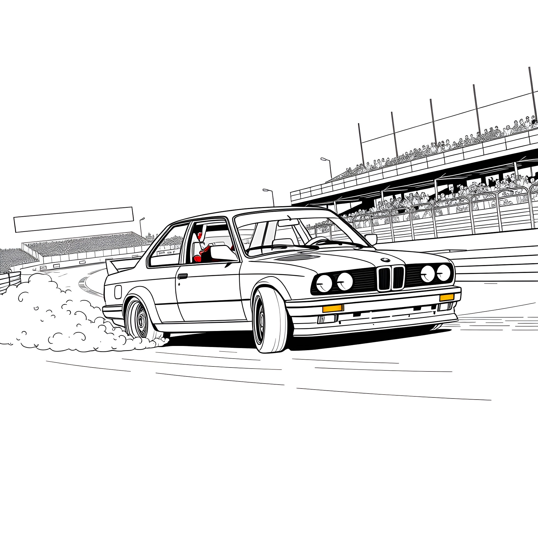 Bmw E30 racing on the track Coloring Page (free black-and-white line drawing printable PDF for all, from beginners to advanced learners, including children, teens, adults, and seniors)