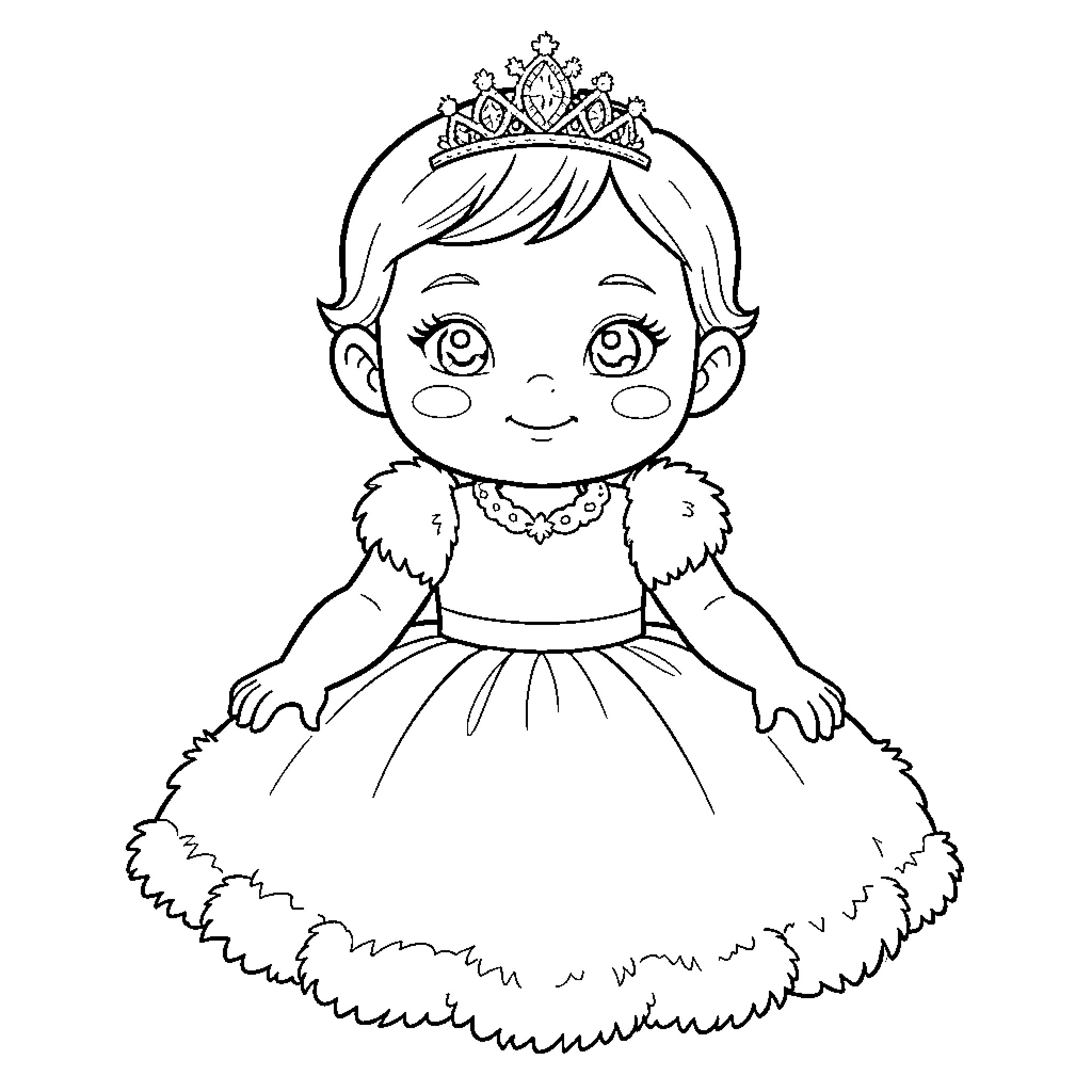 Princess in Fancy Dress with Tiara Coloring Page (free black-and-white line drawing printable PDF for all, from beginners to advanced learners, including children, teens, adults, and seniors)