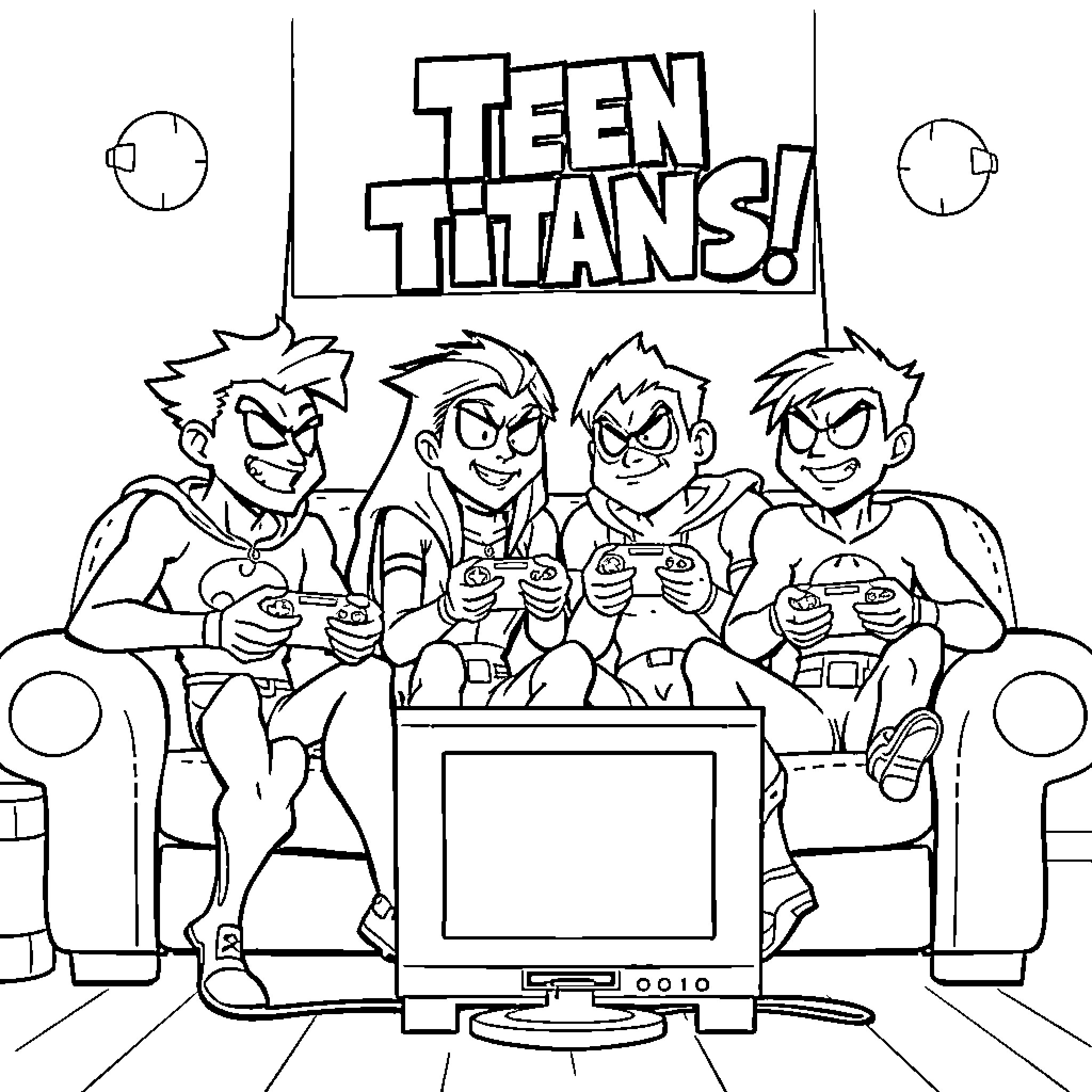 Teen Titans Gaming Together Enthusiastically Coloring Page (free black-and-white line drawing printable PDF for all, from beginners to advanced learners, including children, teens, adults, and seniors)