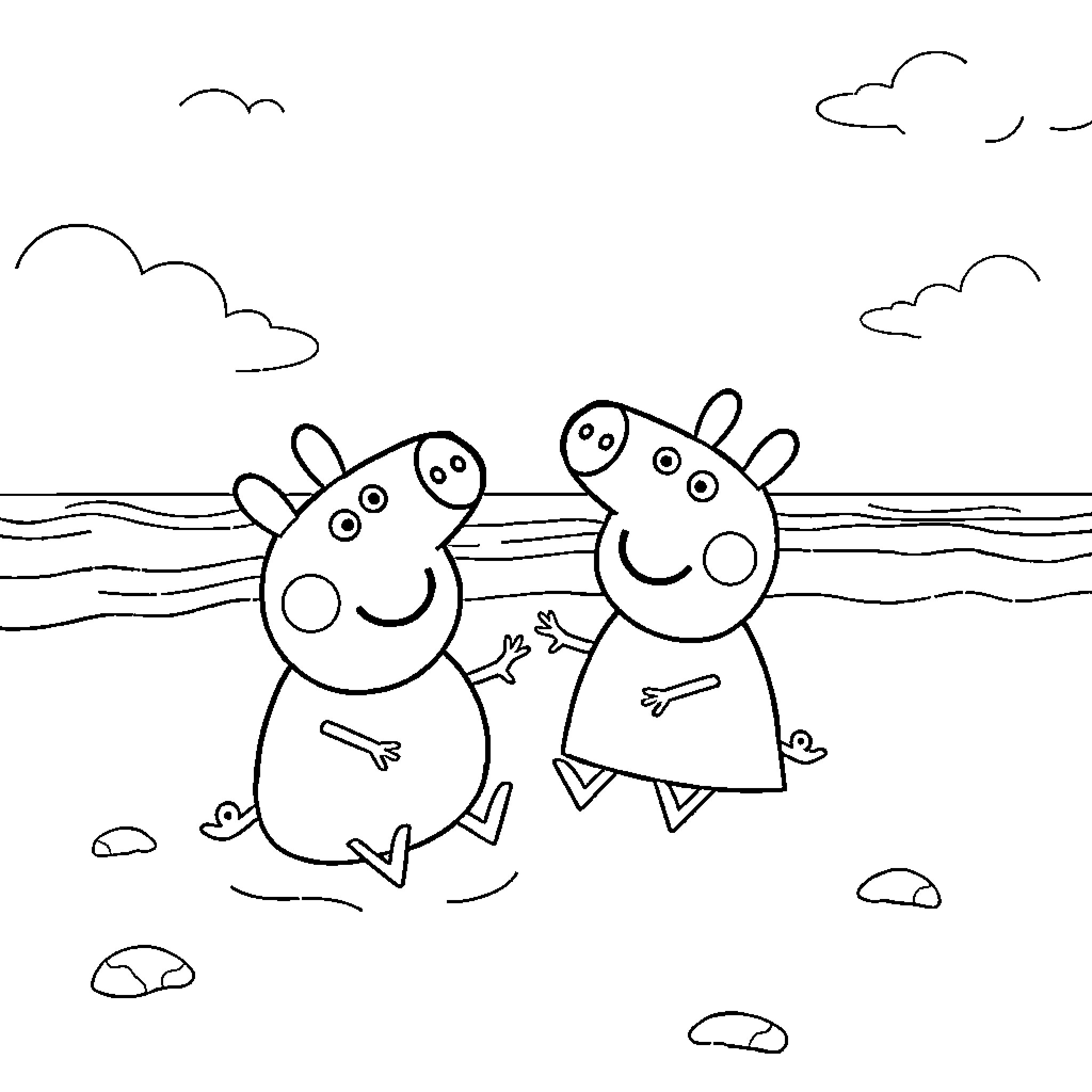 Peppa Pig and friend playing on the beach Coloring Page (free black-and-white line drawing printable PDF for all, from beginners to advanced learners, including children, teens, adults, and seniors)