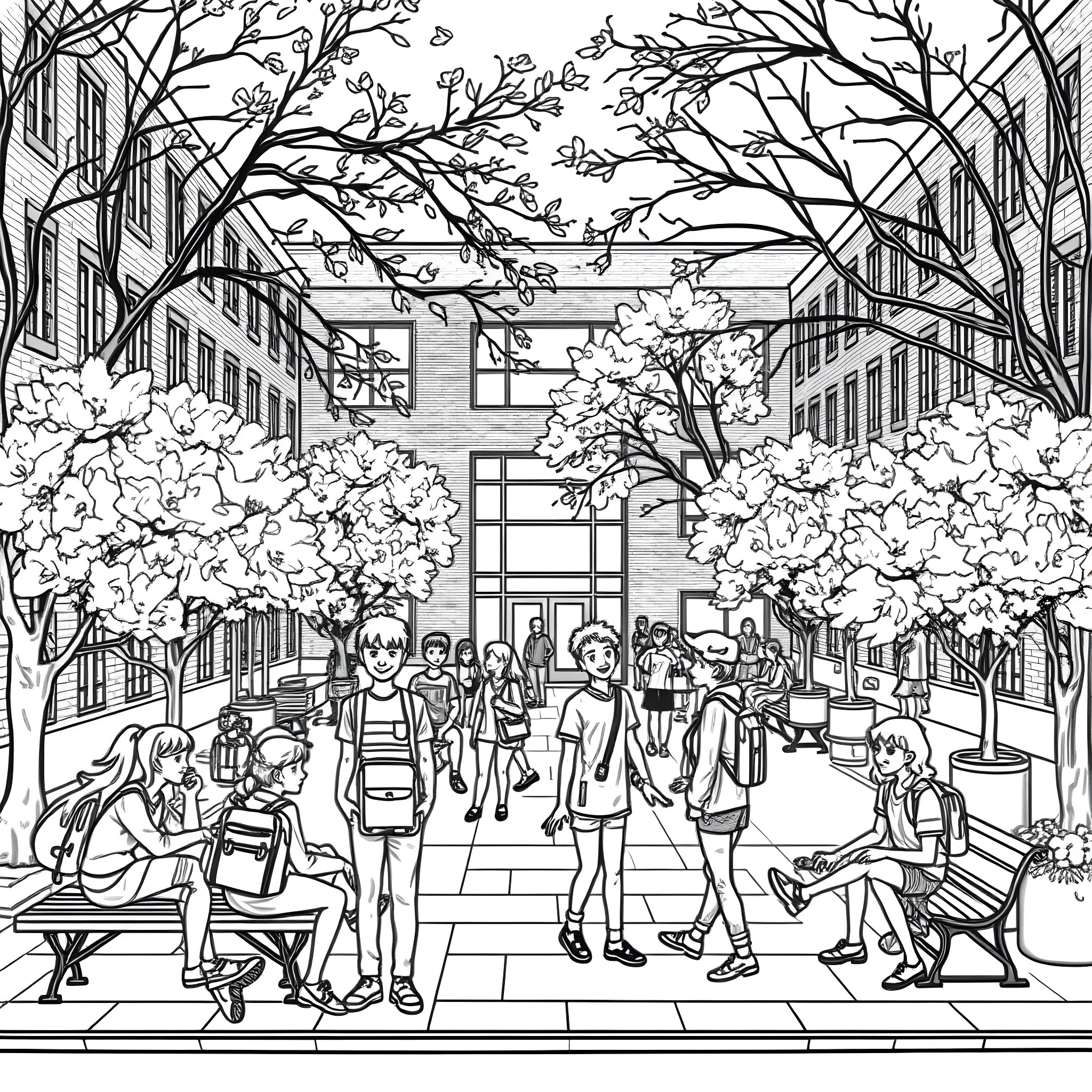 Courtyard with lively students and blooming trees Coloring Page (free black-and-white line drawing printable PDF for all, from beginners to advanced learners, including children, teens, adults, and seniors)